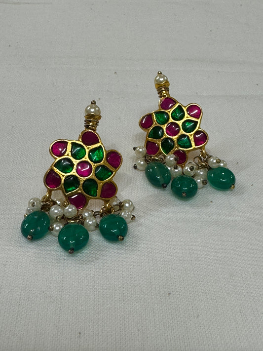 Pink and green stones flowers stud with green stones and pearl drops - gold plated 92.5 sterling silver ear rings