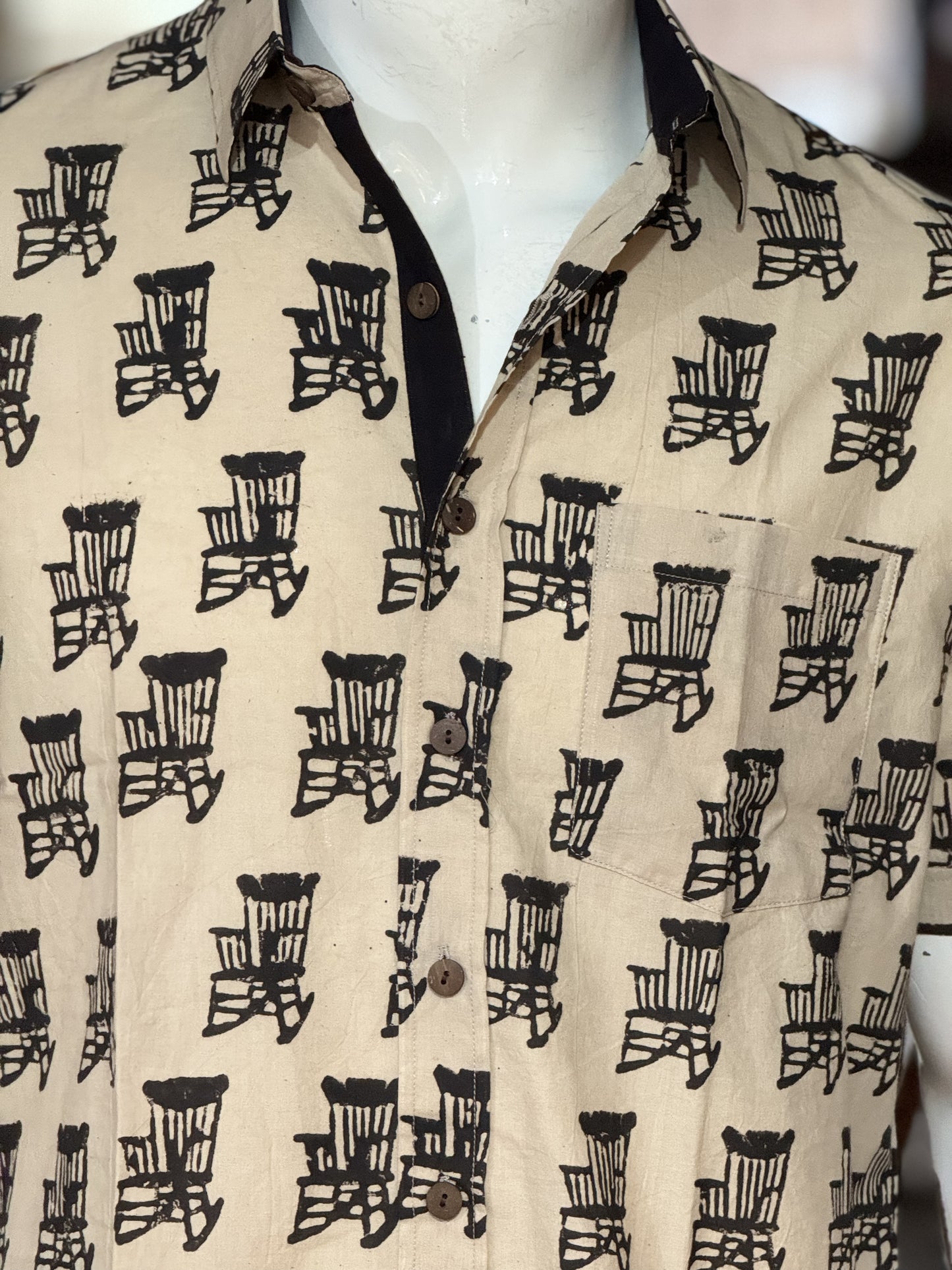 Beige easy chair print half sleeves mens natural dye, hand block printed cotton shirt