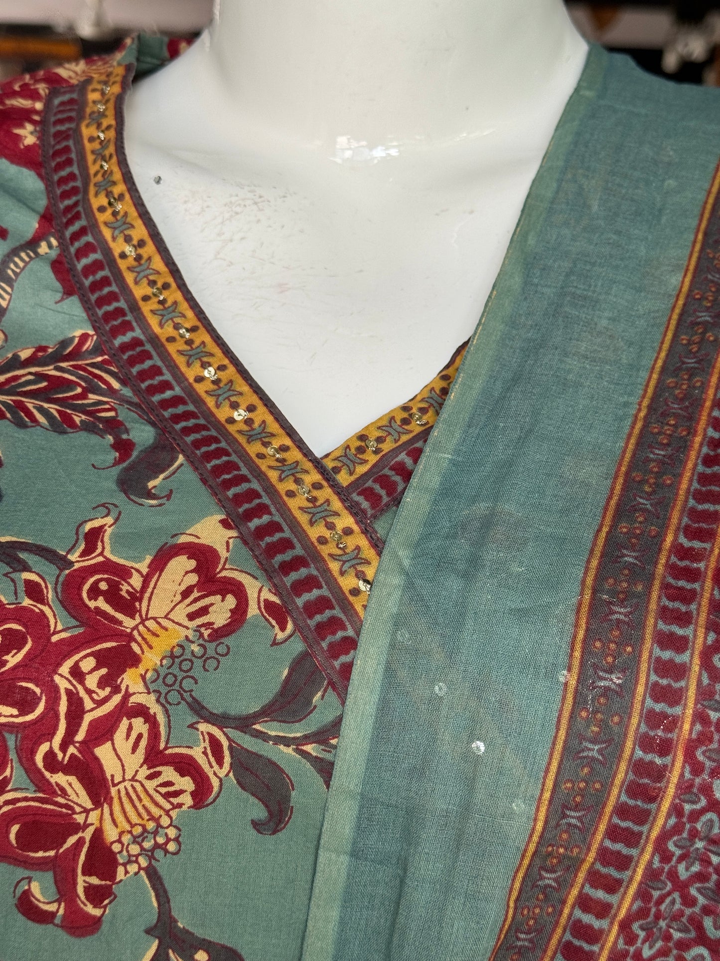 Teal green angrakha floral cotton embroidered straight kurti, pants and dupatta - 3 piece suit set