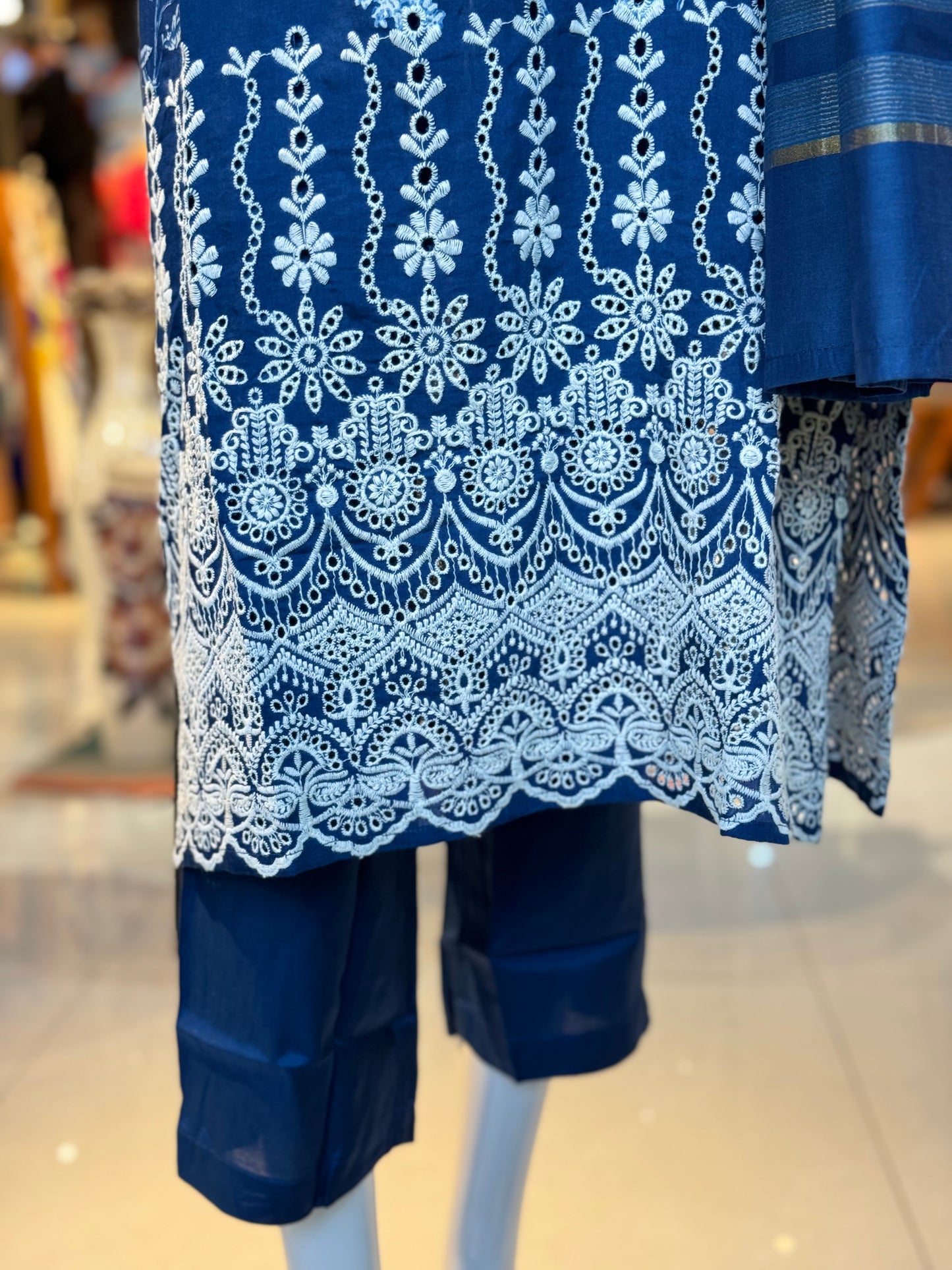 Navy blue floral soft muslin schiffli suit set with straight pants and dupatta