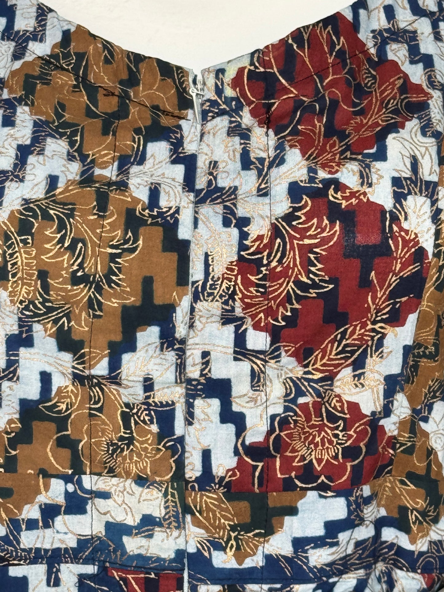 Indigo, maroon, brown and gold hand block printed cotton jumpsuit