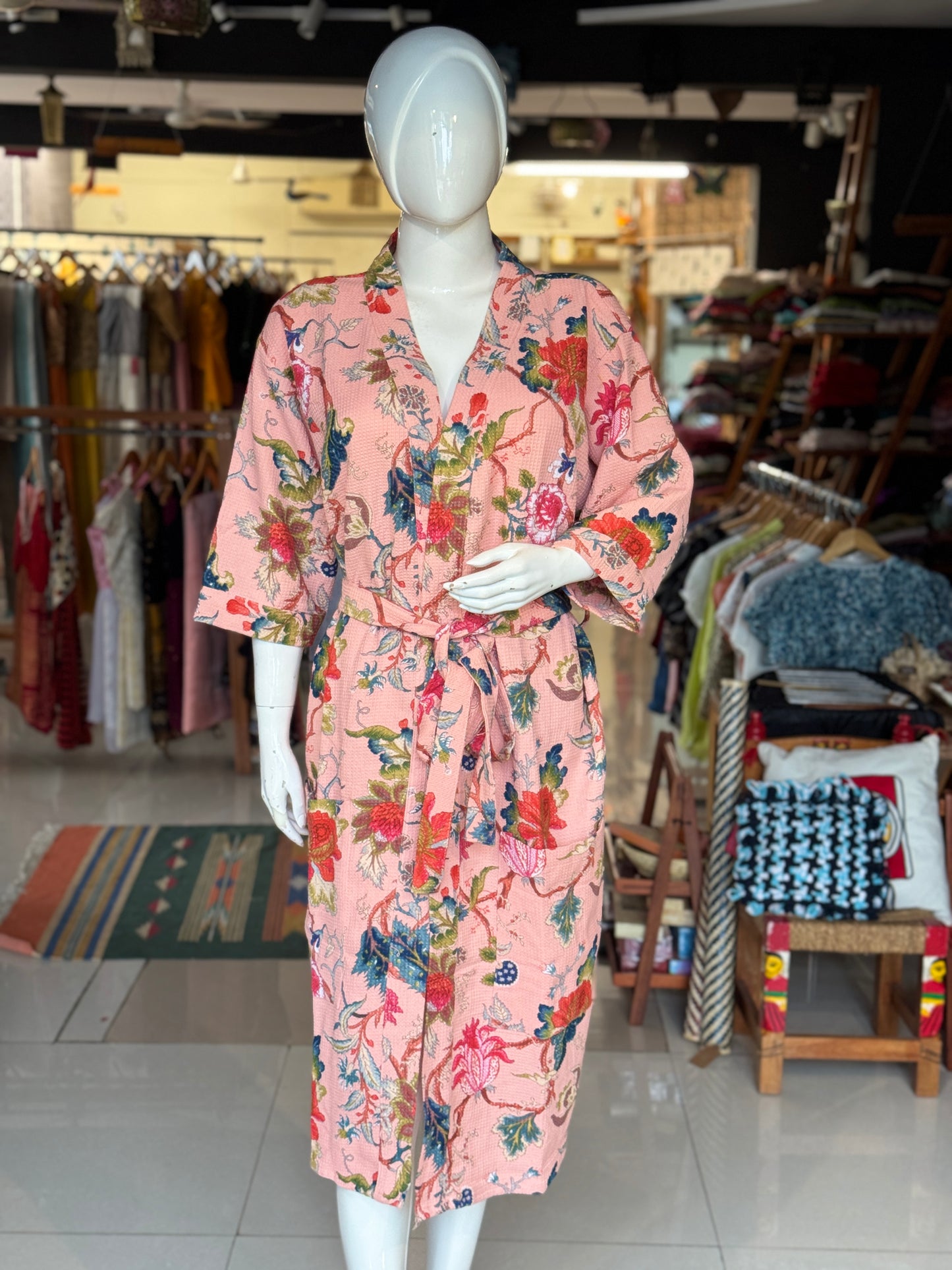 Hand block printed waffle cotton bath robe / swim suit cover up for adults - multiple designs