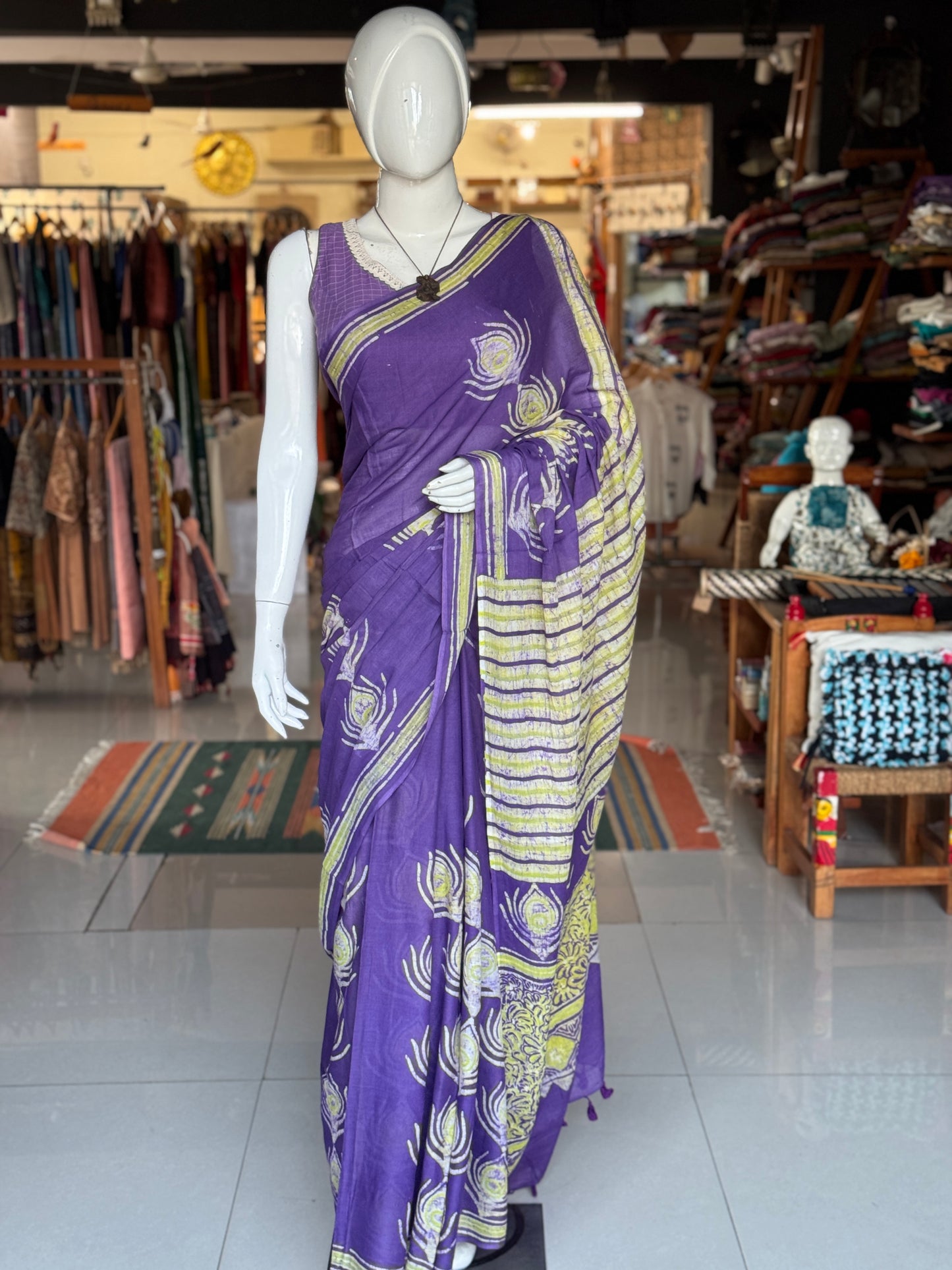 Violet peacock feather design Batik soft cotton saree