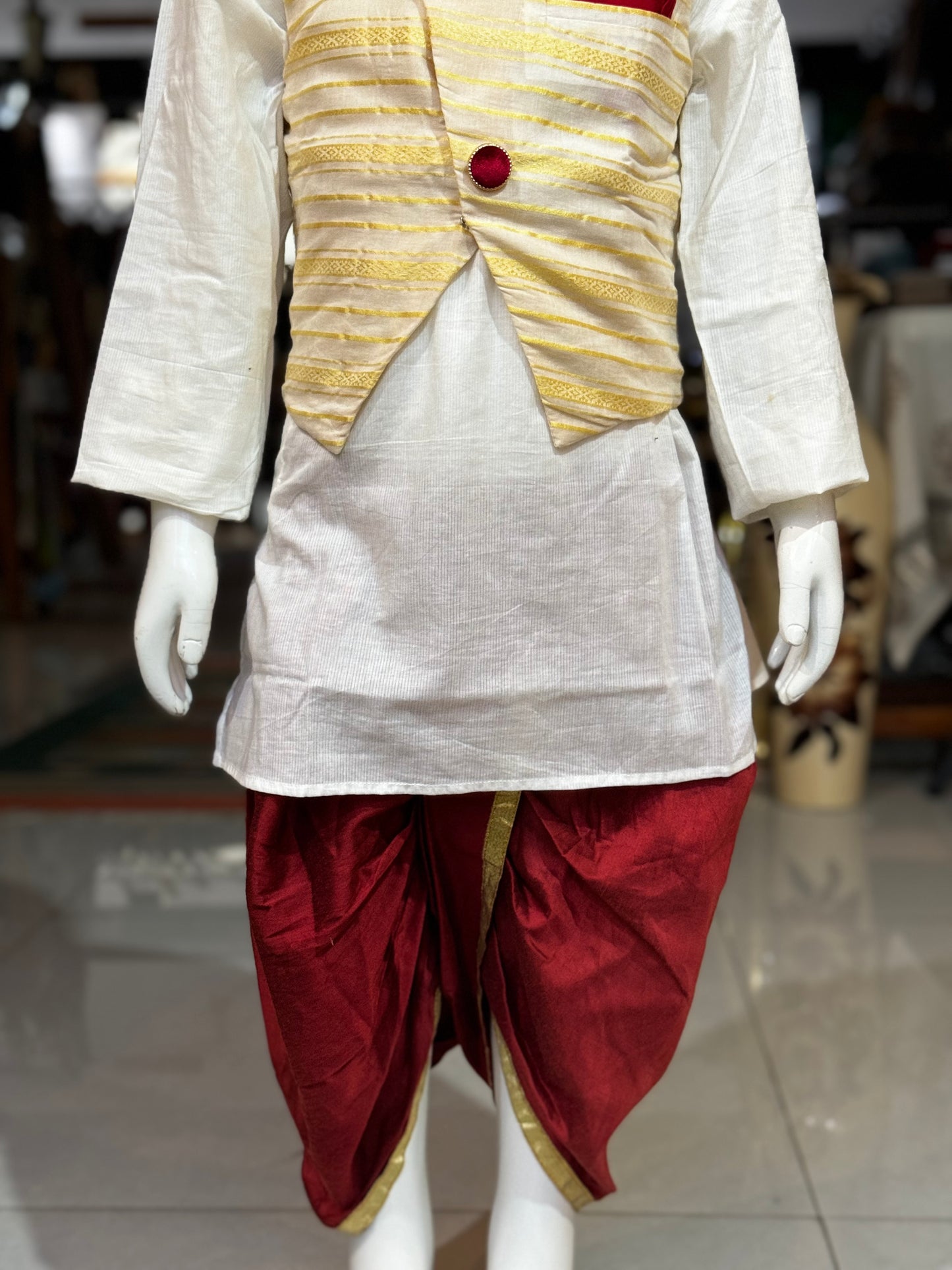 Offwhite kurta, maroon dhoti pants and jacket - 3 piece ethnic set for boys