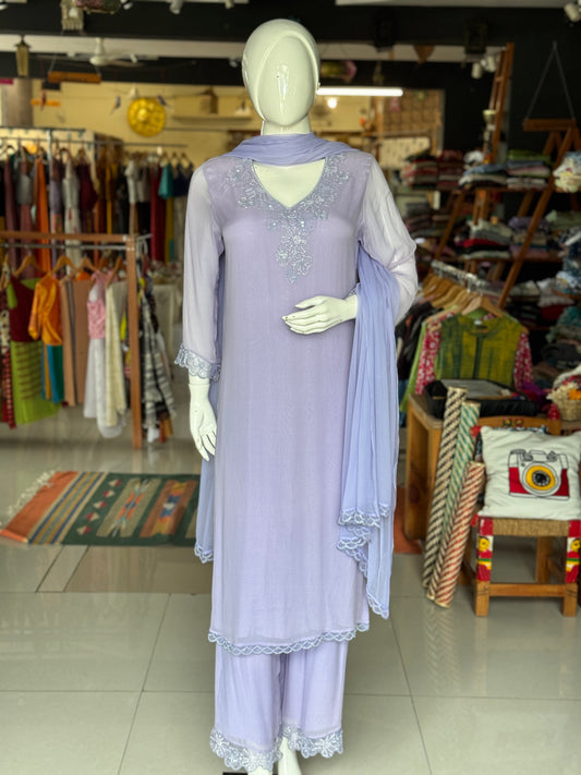 Soft georgette hand embroidered long sleeves kurti, georgette plazo and dupatta - 3 piece set - color options available