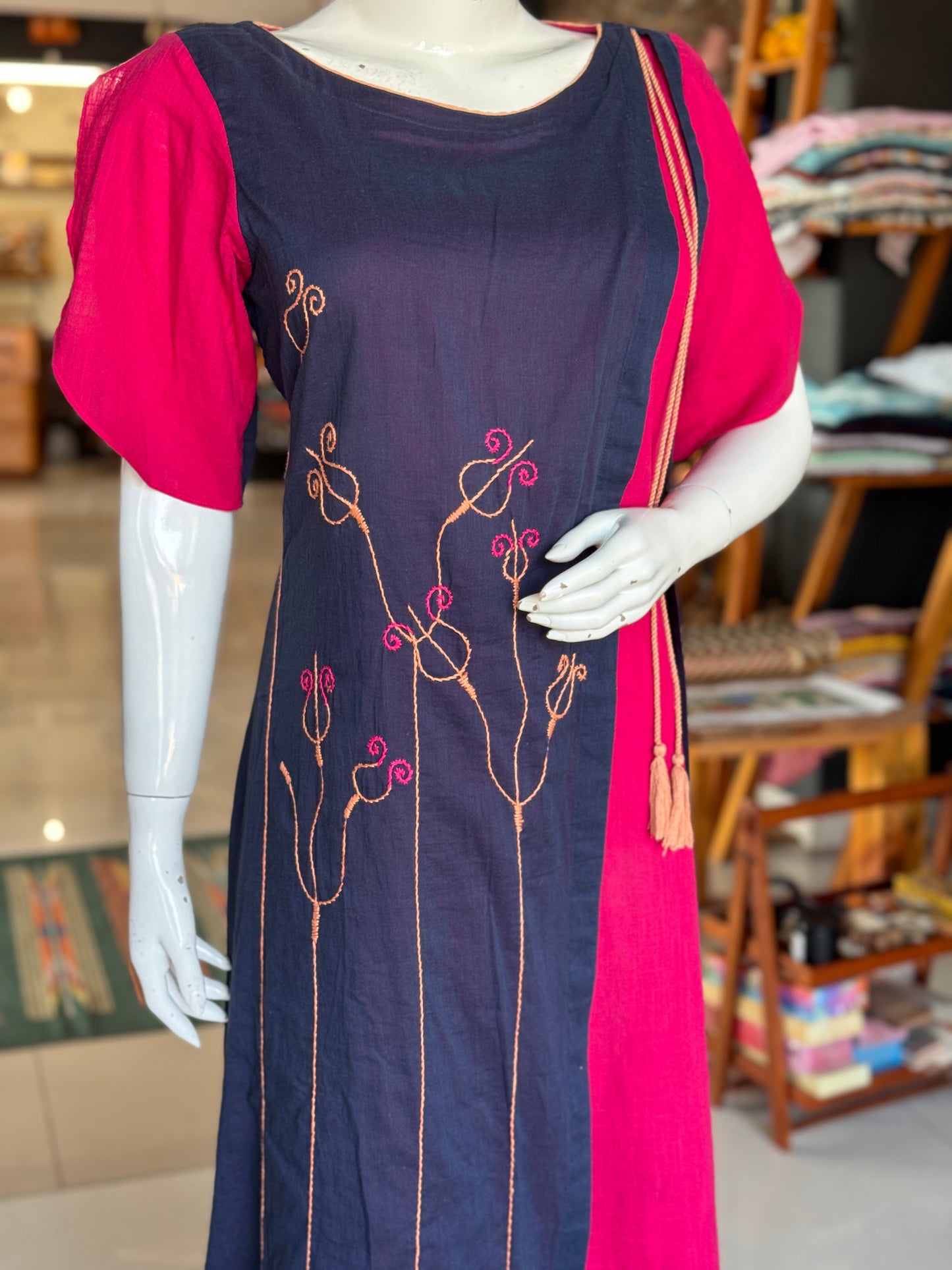 Blue and pink, hand embroidered, layered cotton dress