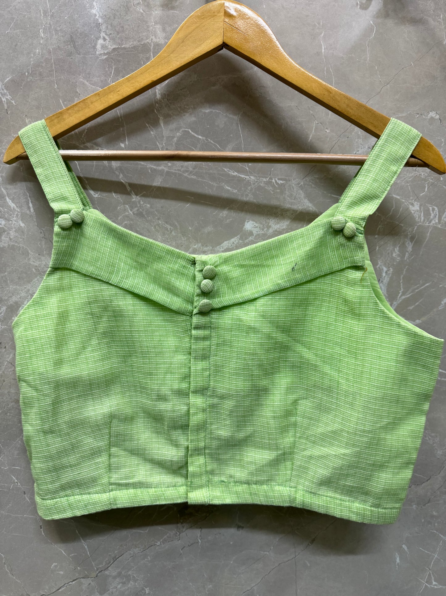 Pastel green kota cotton crop top / blouse - back open, with lining and strappy sleeves