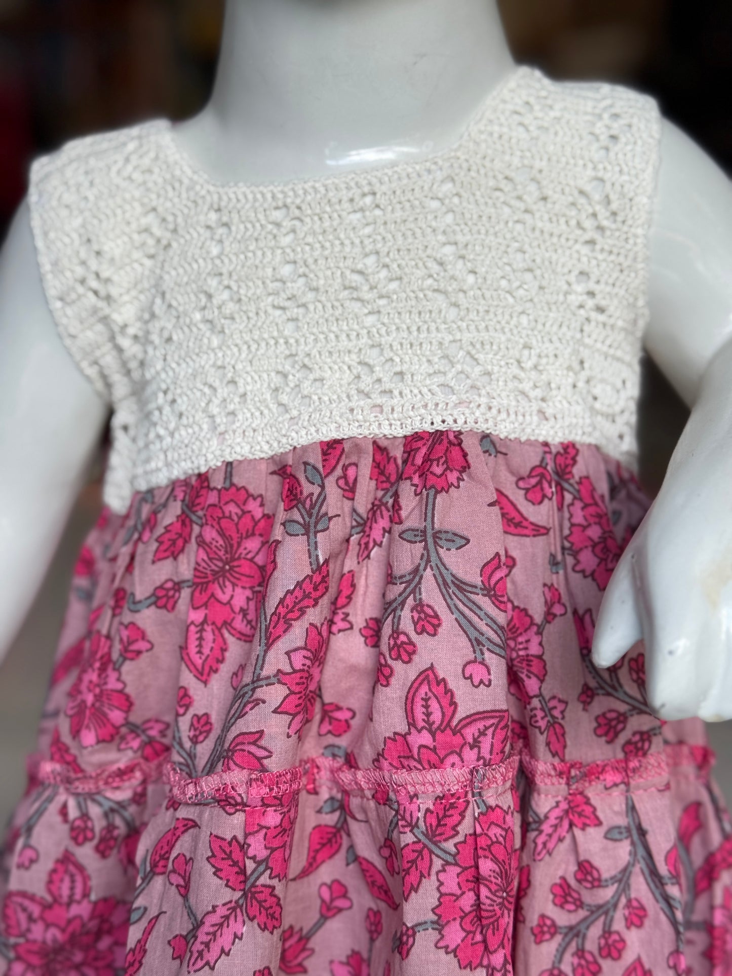 Tiered hand block printed cotton frock with crochet yoke for girls