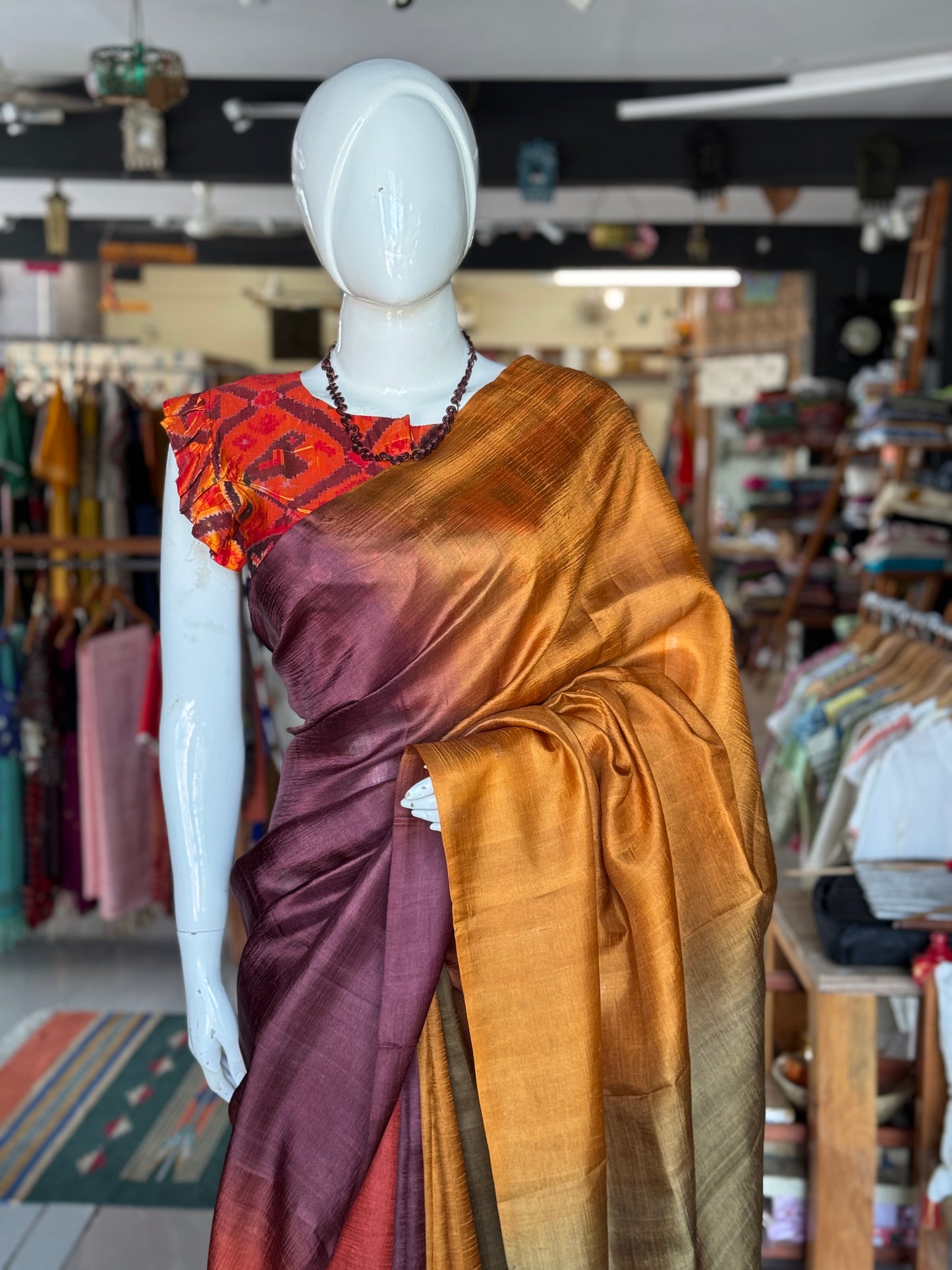 Mustard, green, purple color block pure soft silk saree