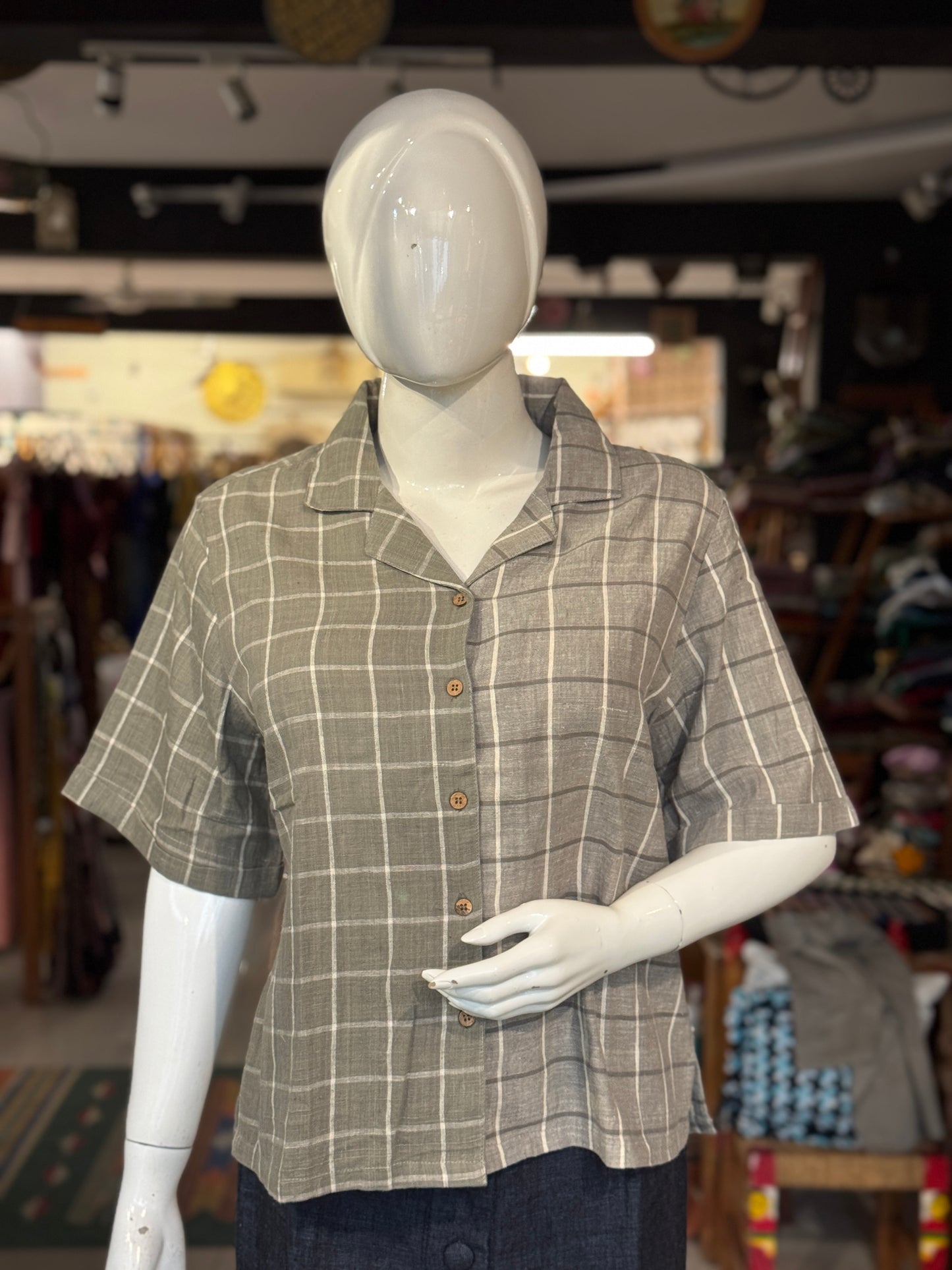 Grey green half n half hand woven kala cotton shirt for women