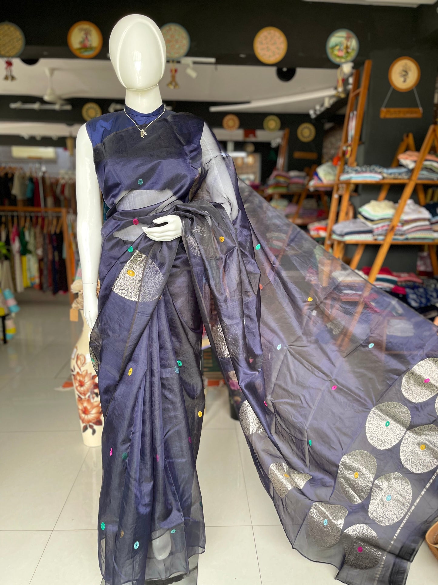 Navy blue Chanderi katan silk handwoven saree with big silver ball butis and colourful round butis