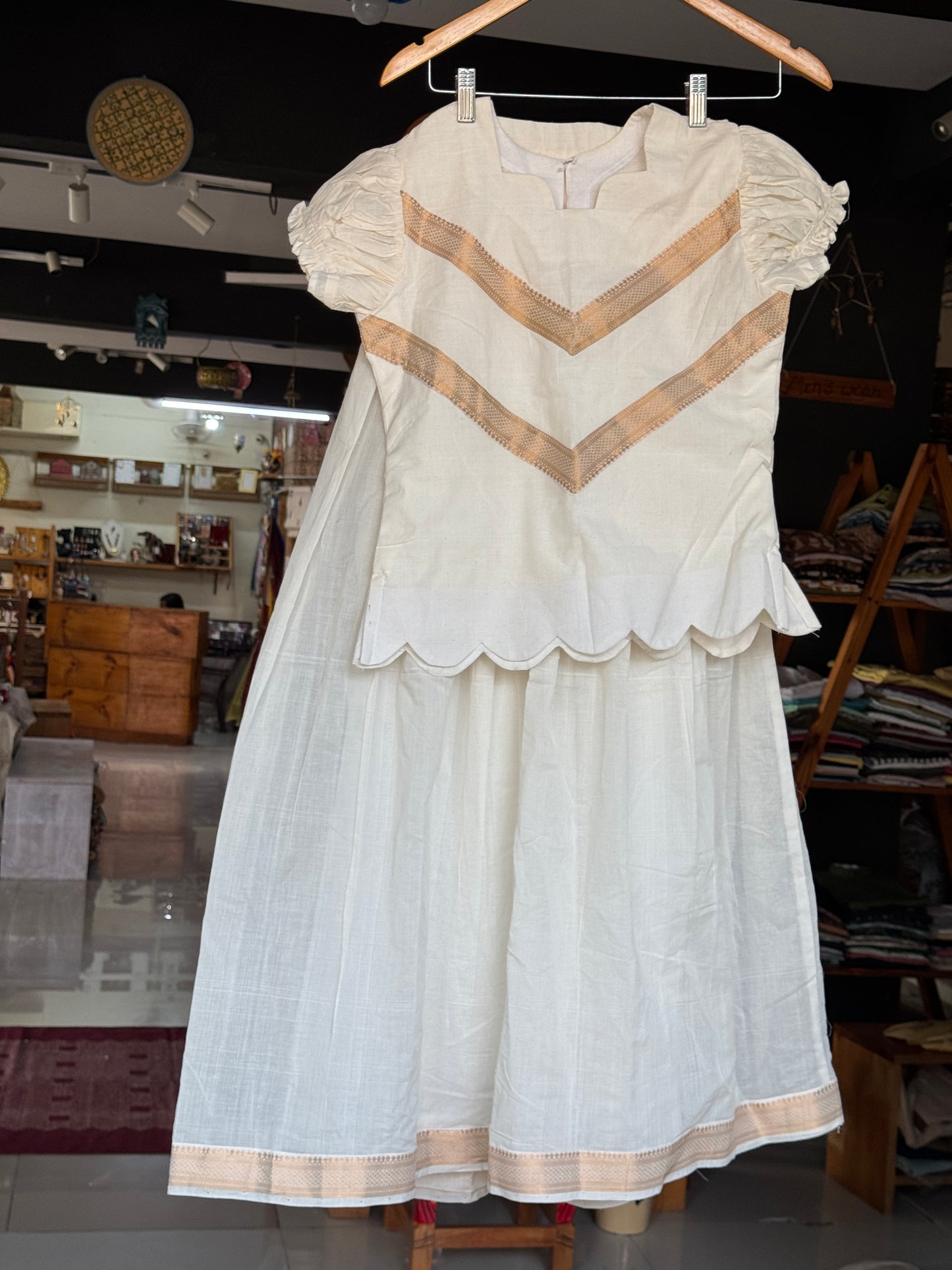 Off white Mangalagiri handwoven lehenga skirt and top - Nizam zari border coord set