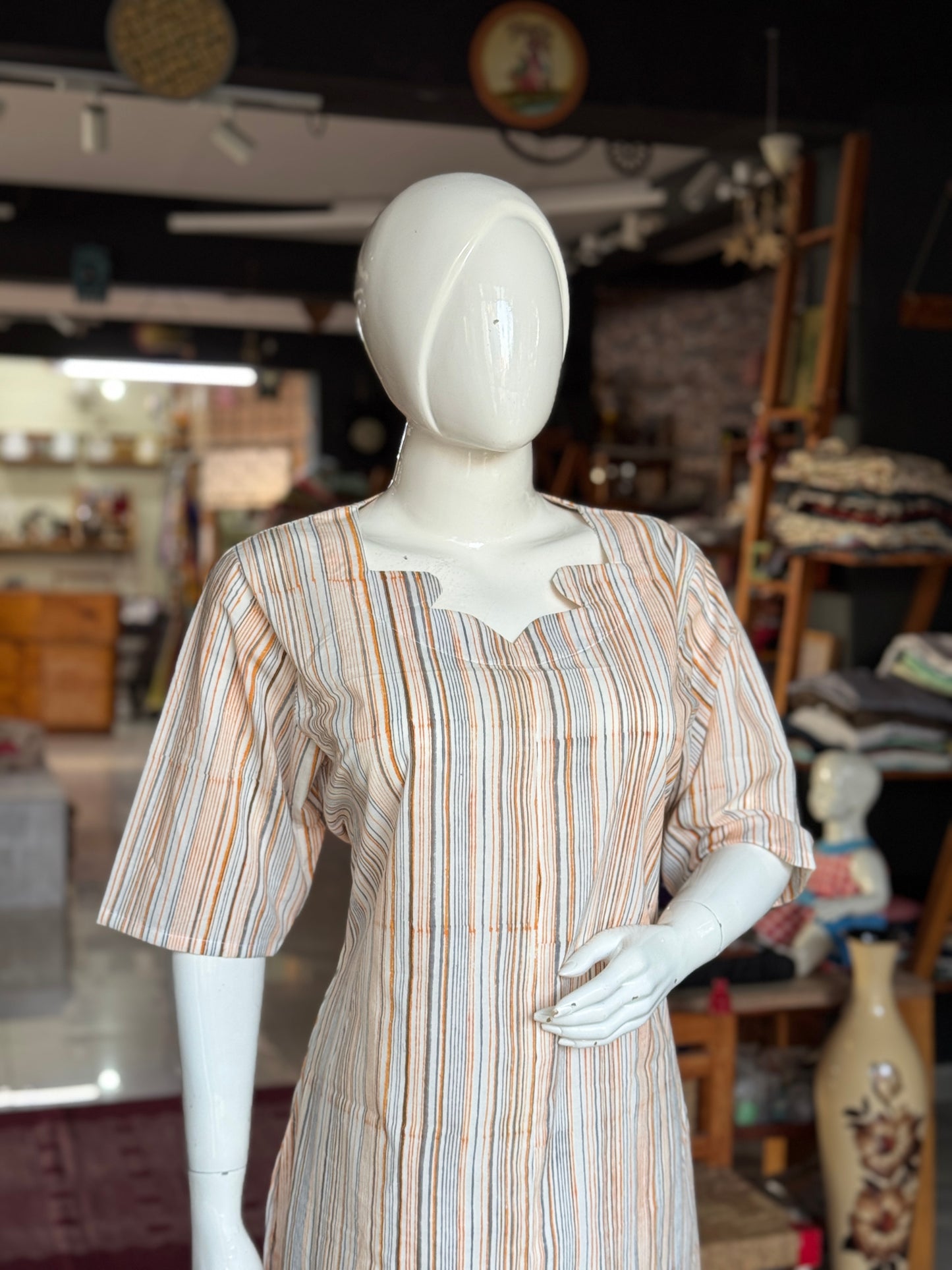 Orange and grey stripes print on white -  hand block printed cotton kurti