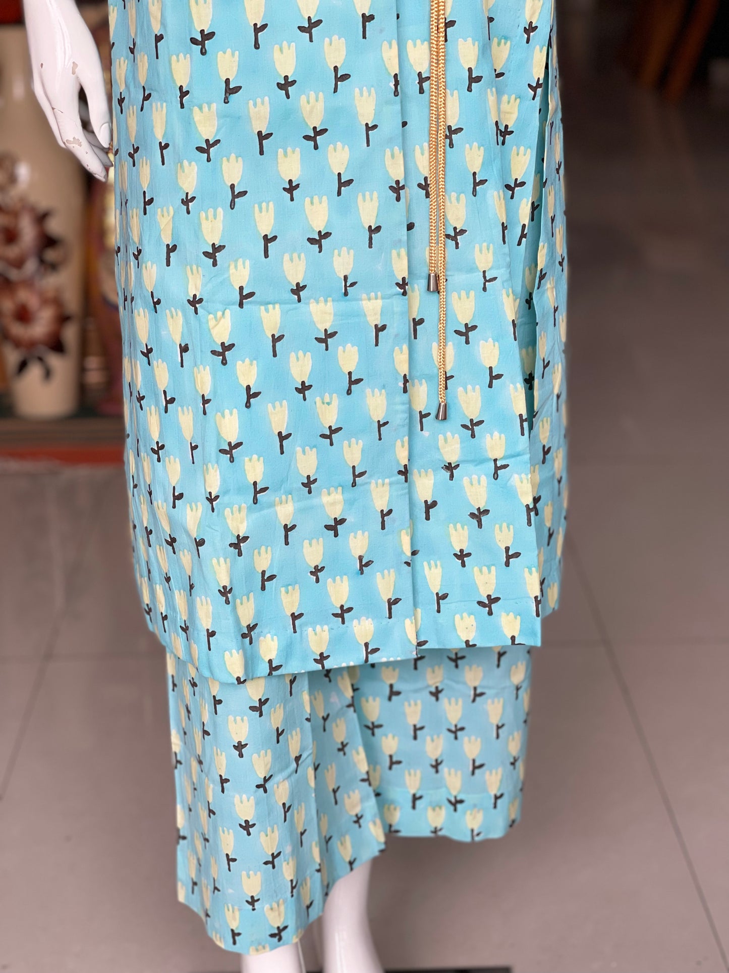 Light blue floral hand block printed collared wrap kurta and pants coord set