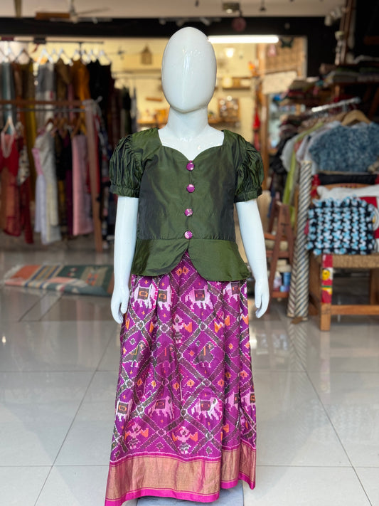 Purple handwoven ikat pure silk lehenga (pattu langa) with green puff sleeves peplum top / blouse set