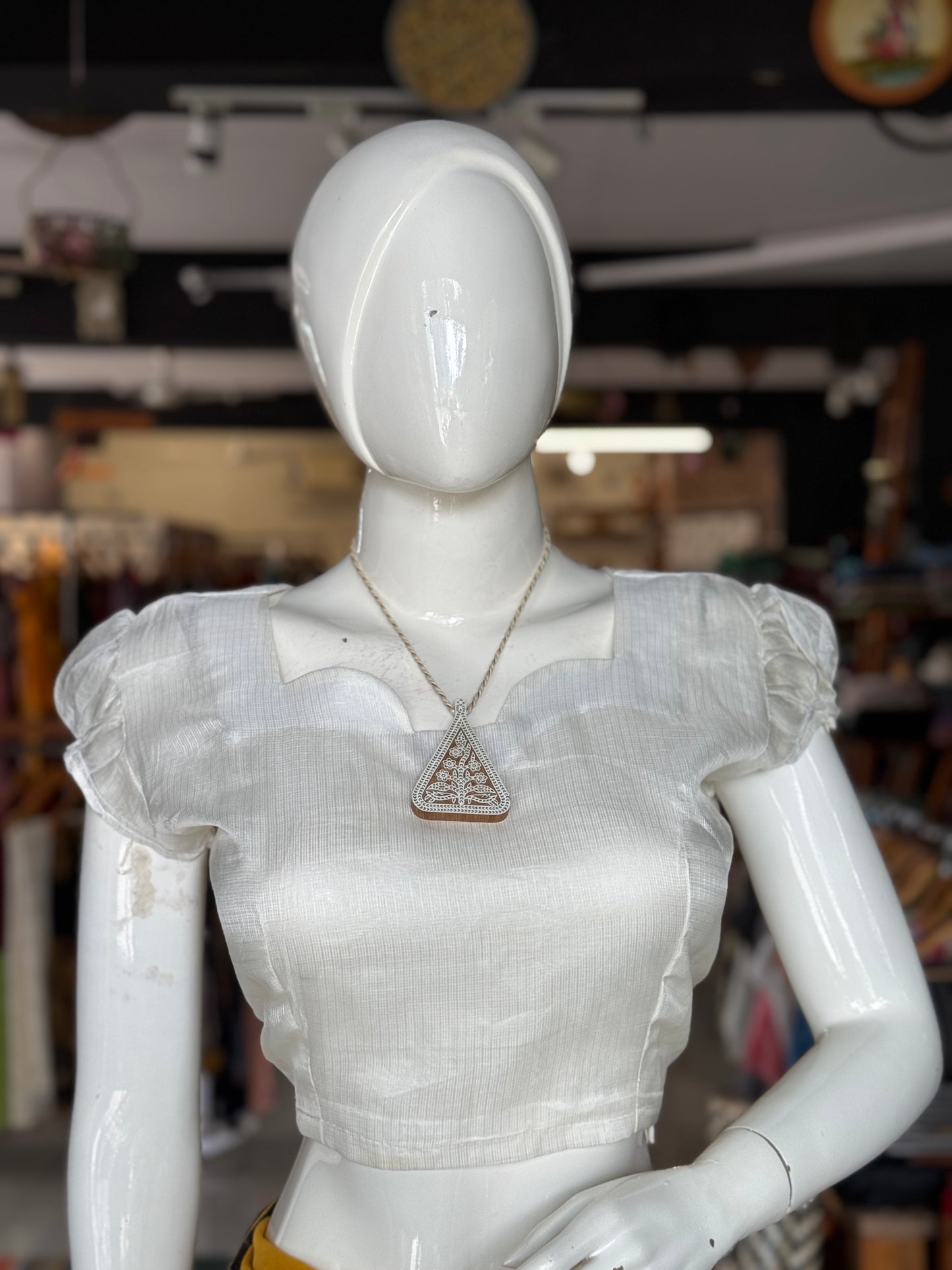 Off White kota silk back open blouse with puff sleeves