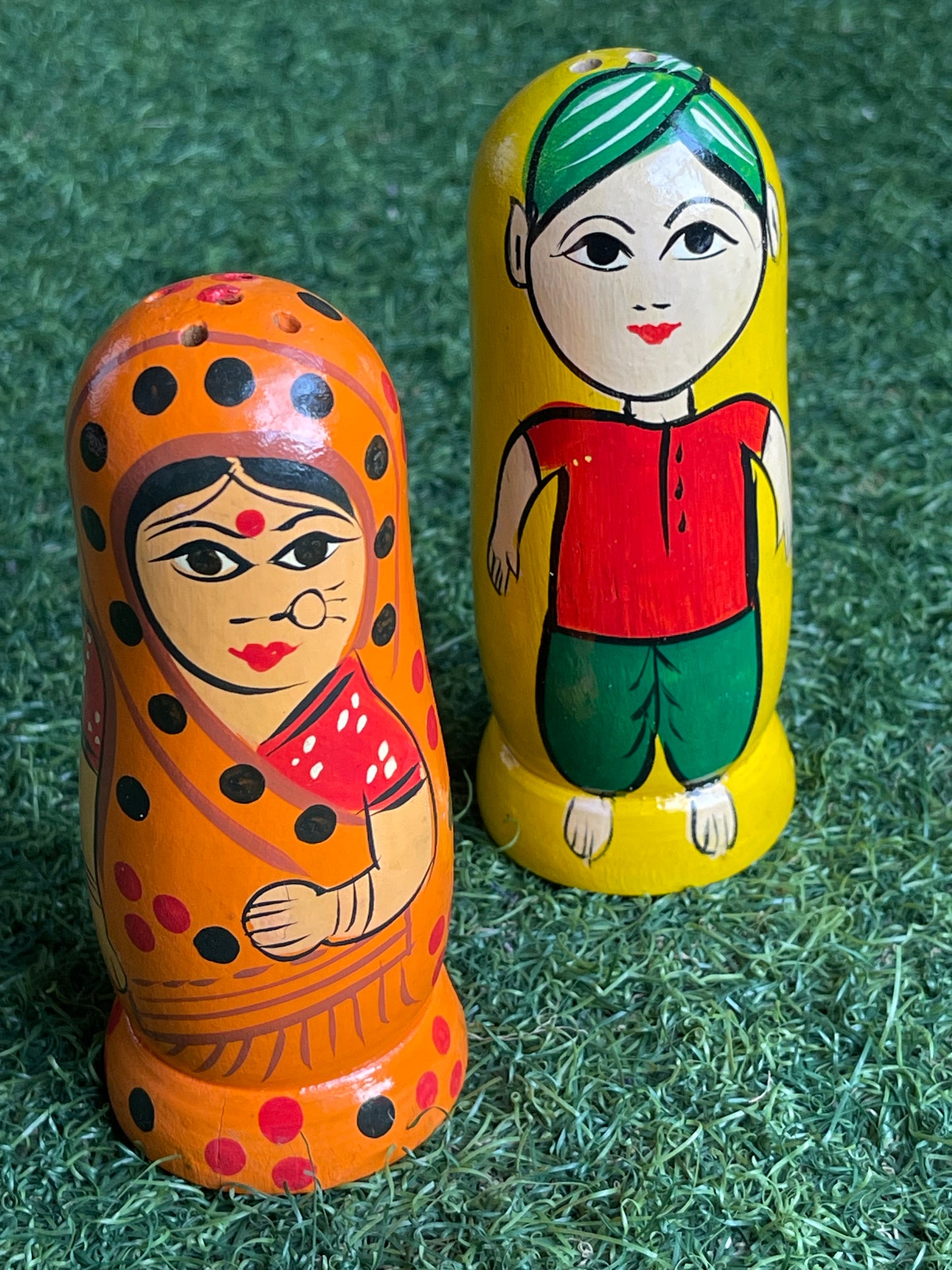 Colourful salt and pepper shaker - handmade wooden hand painted set