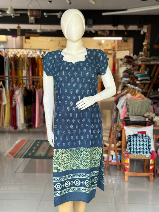 Indigo Ajrakh hand block print straight cut cotton kurti