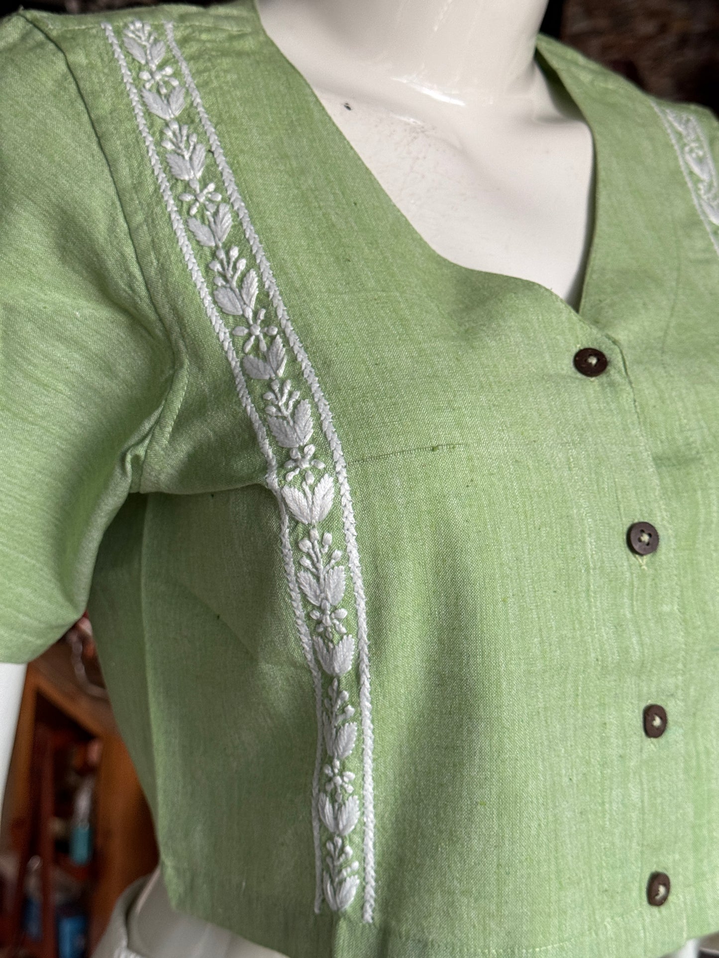 Crop top / blouse - Chikankari hand embroidered handwoven cotton, 2 parallel lines embroidery