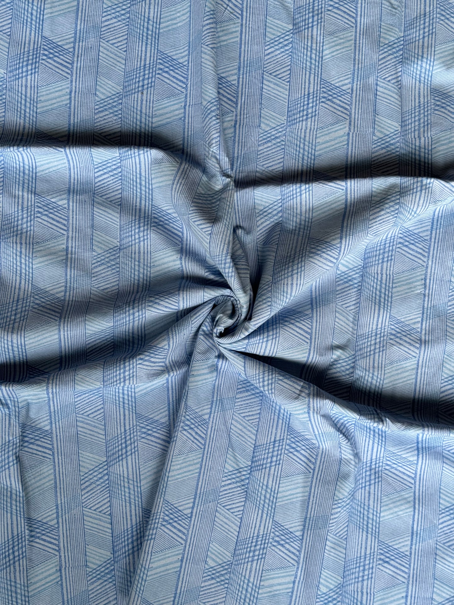 Blue triangles and stripes hand block printed cotton fabric