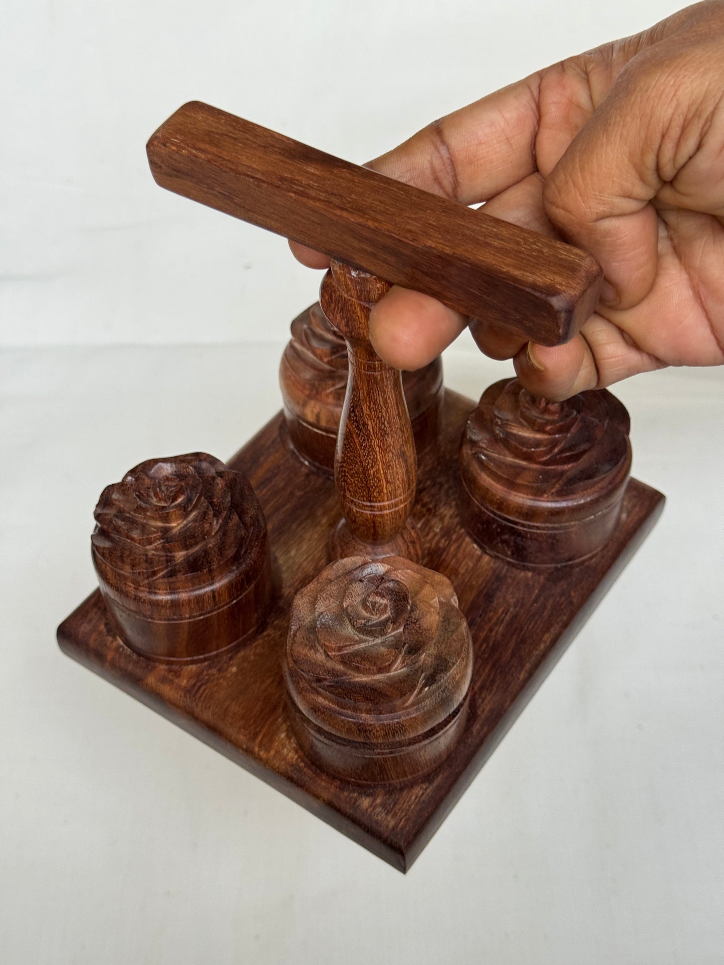 Carry pooja essentials together - handcrafted wood small haldi kumkum chandan akshat boxes with rose on top - with handle and attached to base