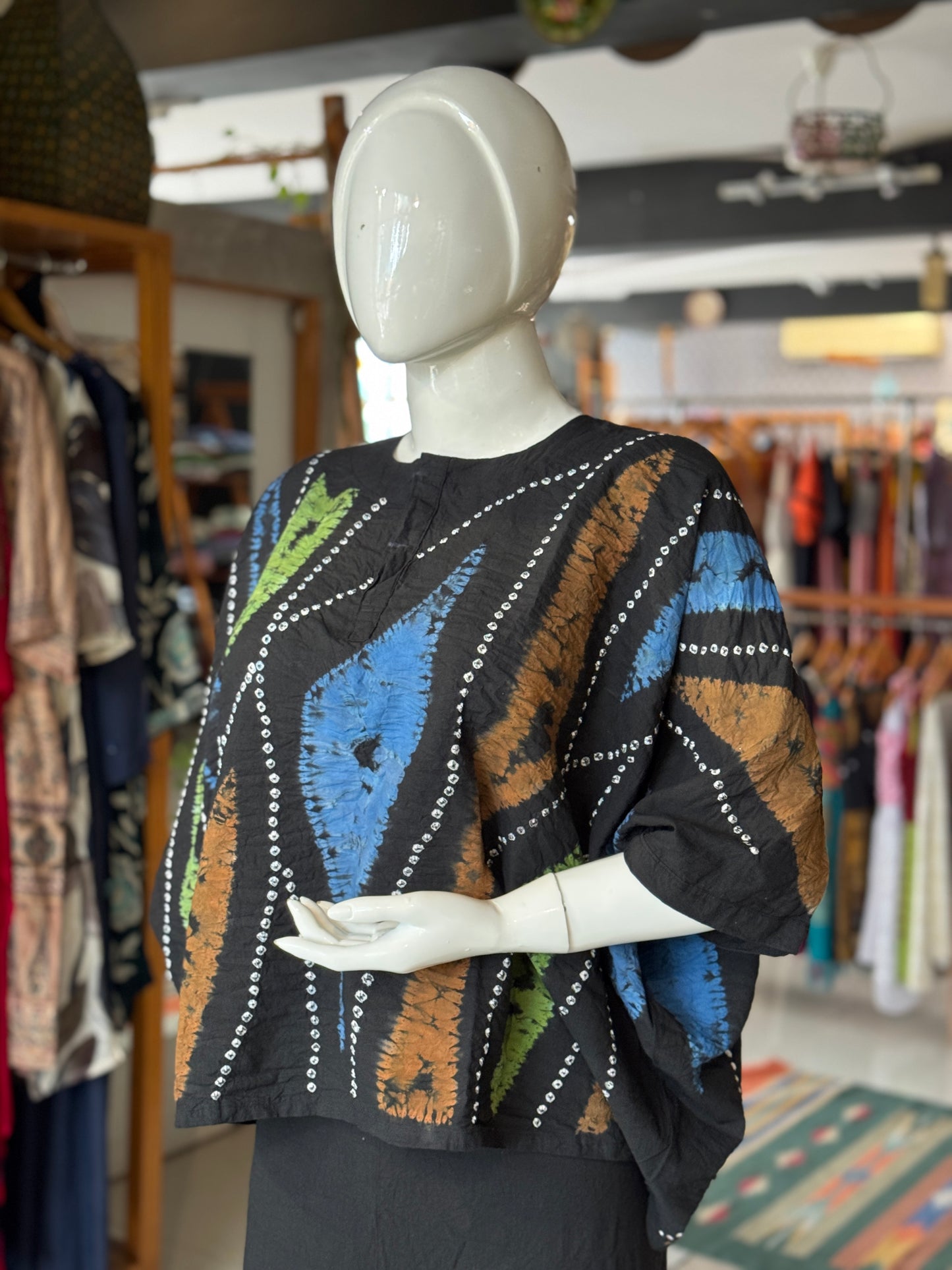 Black cotton free size top with hand tie n dye placement bandini- batwing sleeves