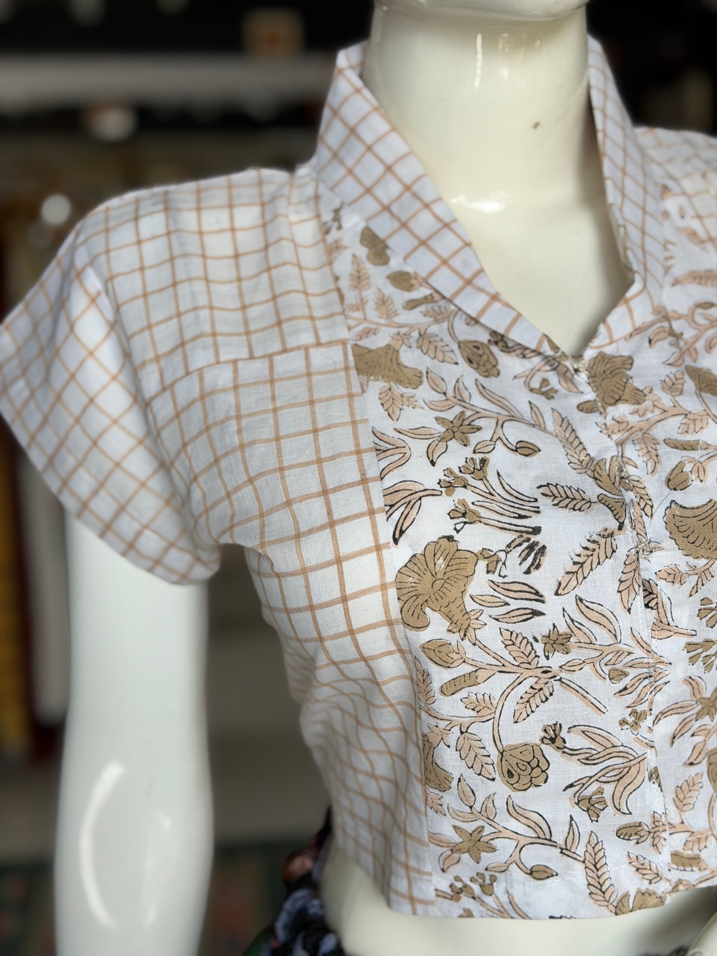 White brown checks and floral combination collared handloom cotton front open blouse