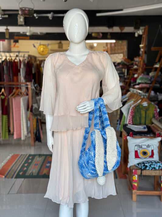 Peach soft georgette umbrella asymmetrical hem top and skirt - 2 piece set