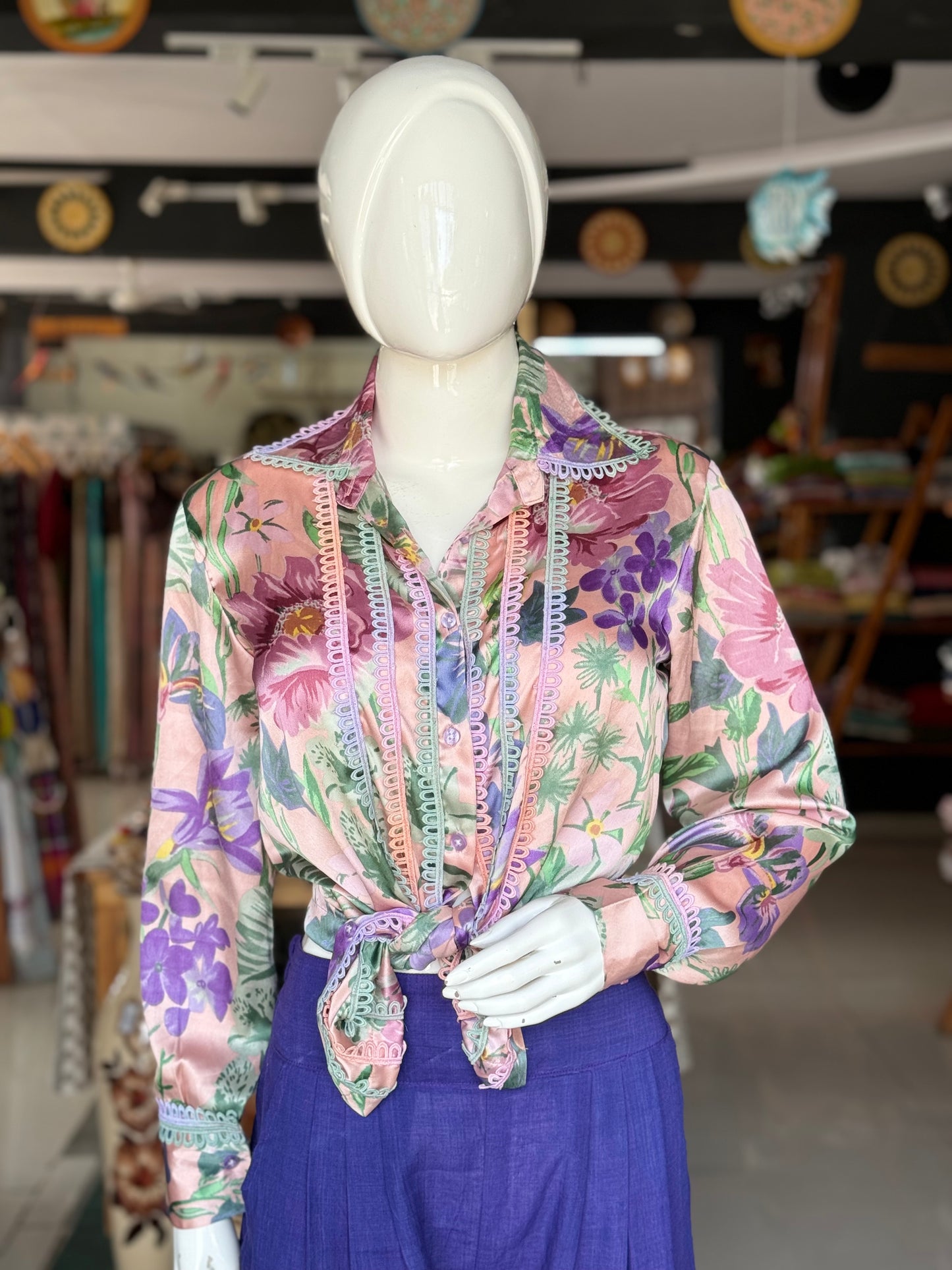 Satin floral full sleeves Women’s shirt with pastel ombré lace