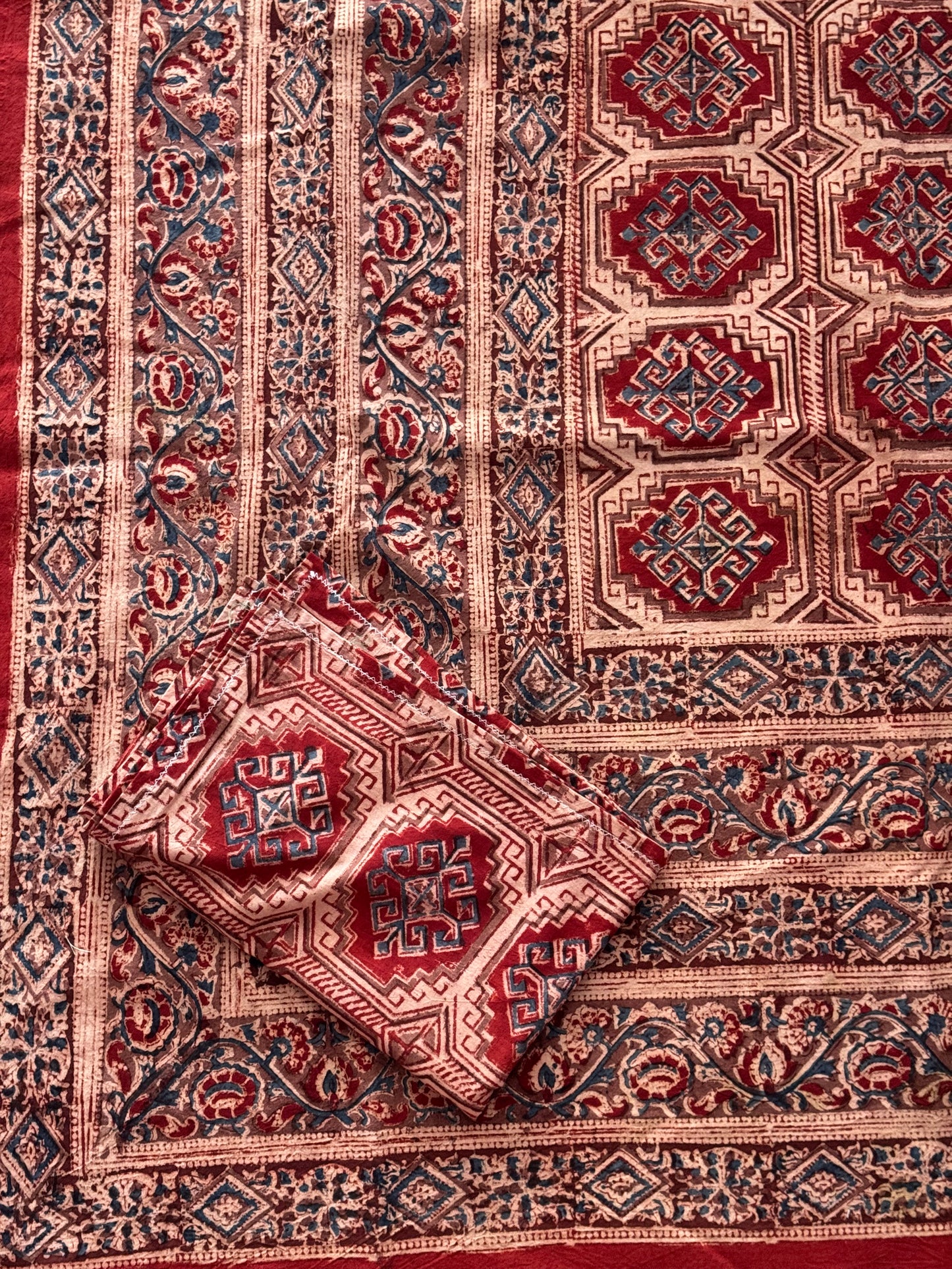 King size Kalamkari hand block printed cotton bedsheet with 2 pillow cases