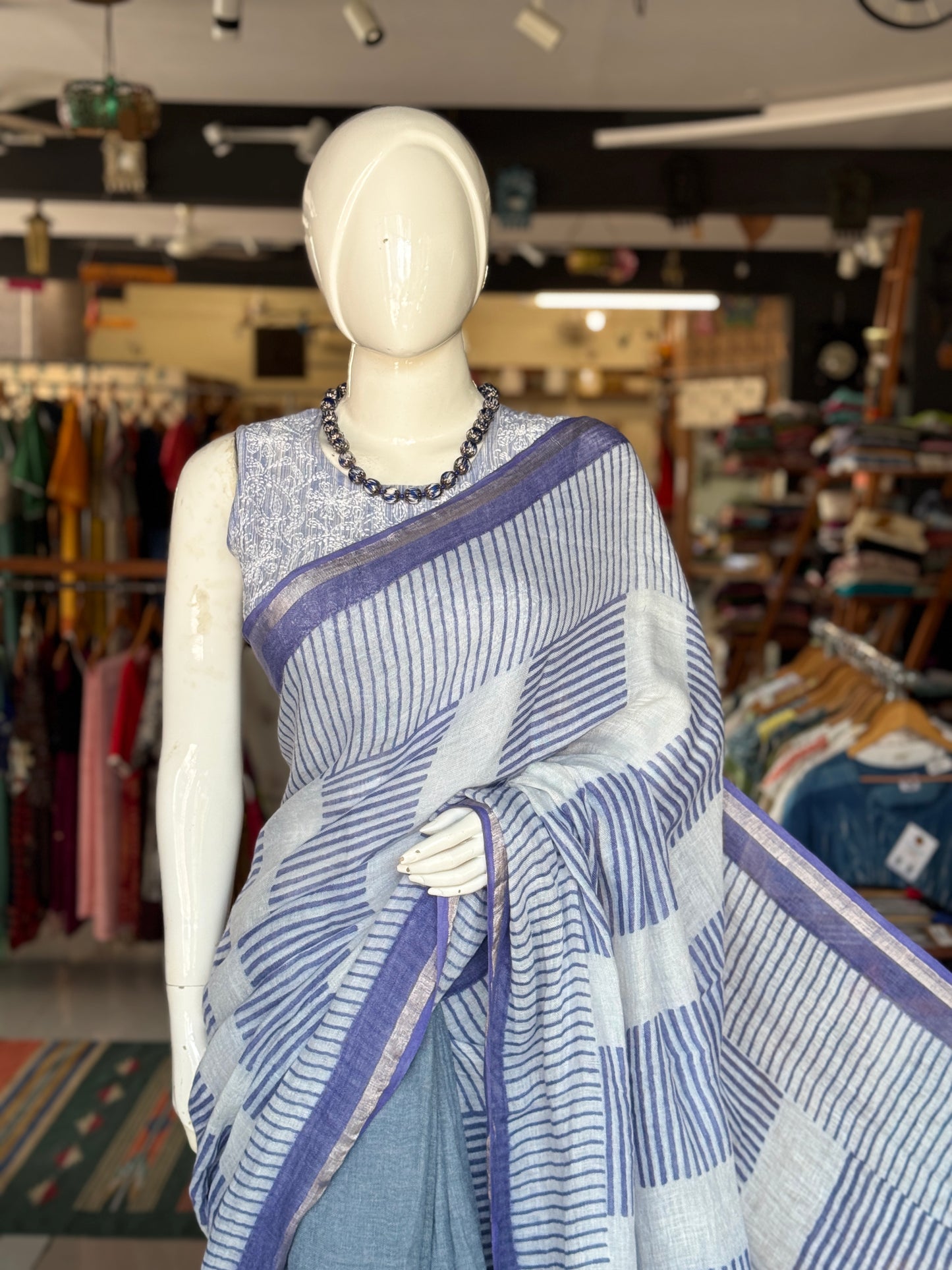 Blue stripes hand block printed linen saree