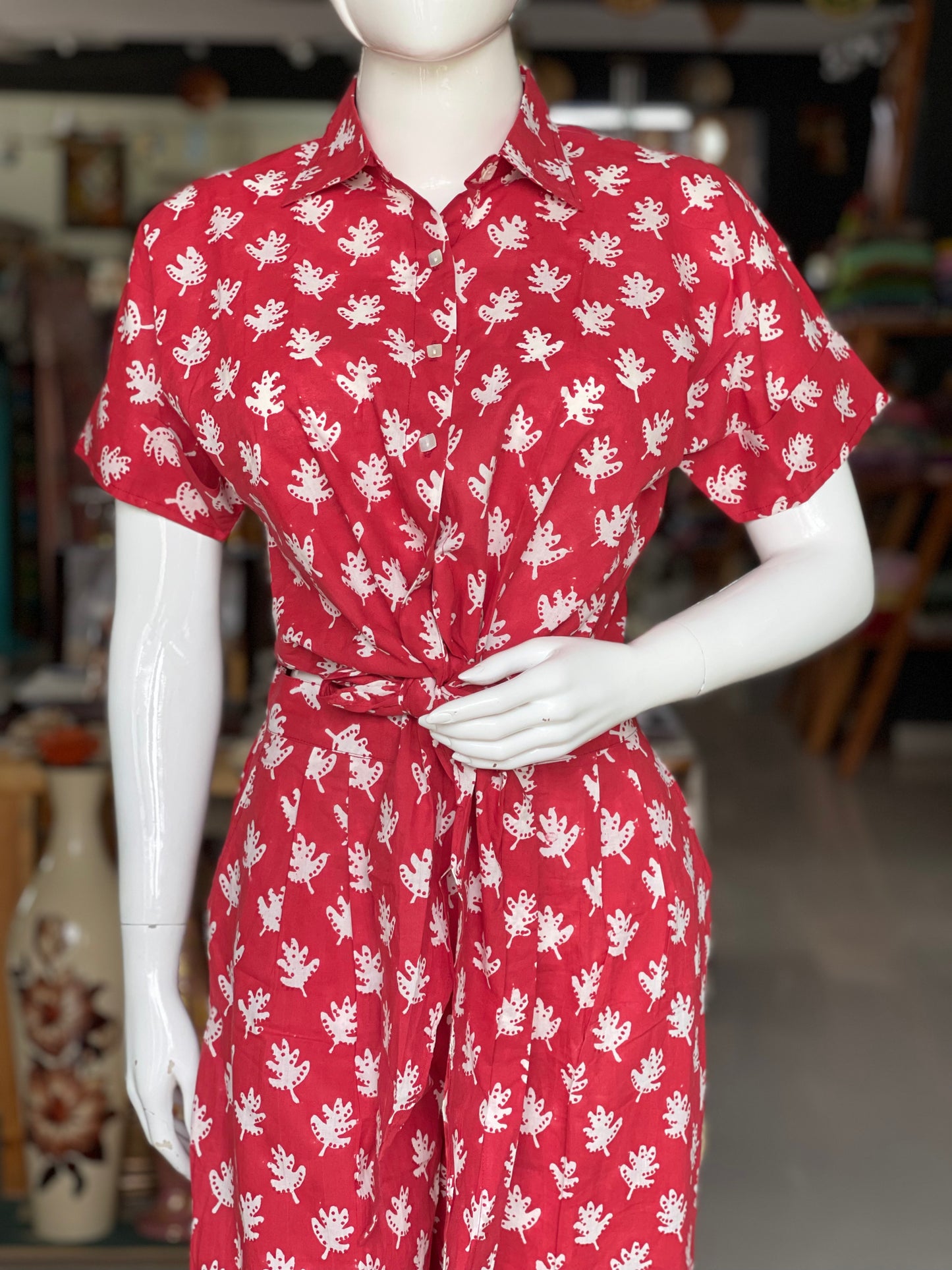 Red hand block printed collared cotton top and pants coord set