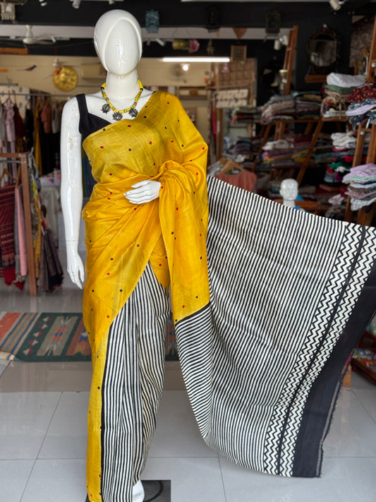 Yellow dots, black n white stripes hand crafted pure tussar silk saree - patli Pallu style