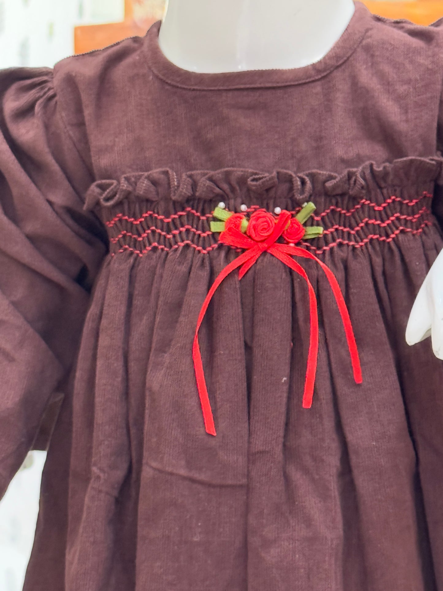 Corduroy soft frock with smocking embroidery