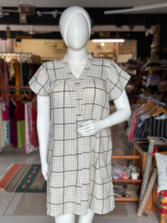 Short dress - Off white checks kala cotton, handwoven