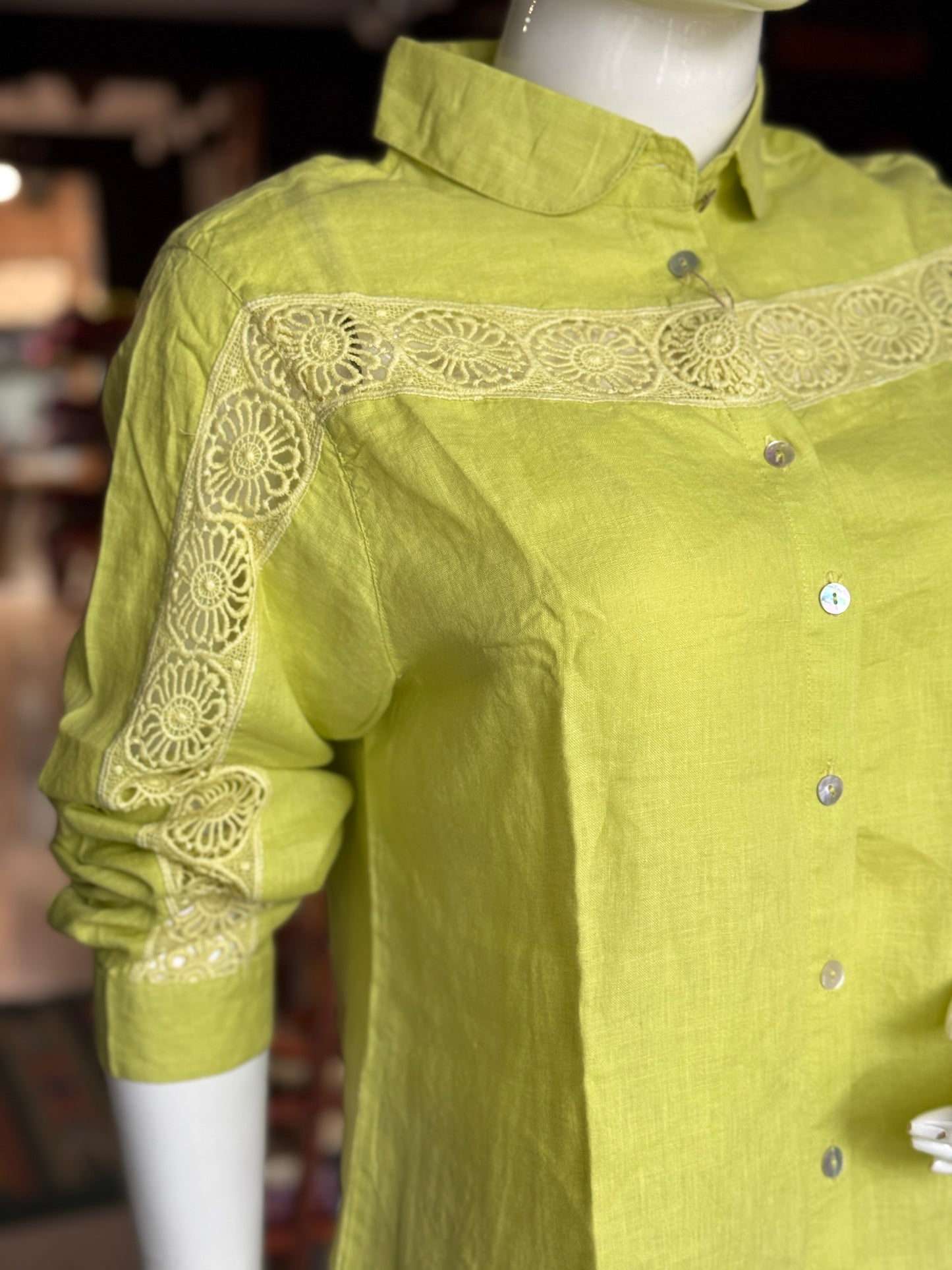Linen hand woven full sleeves shirt for women with lace detailing