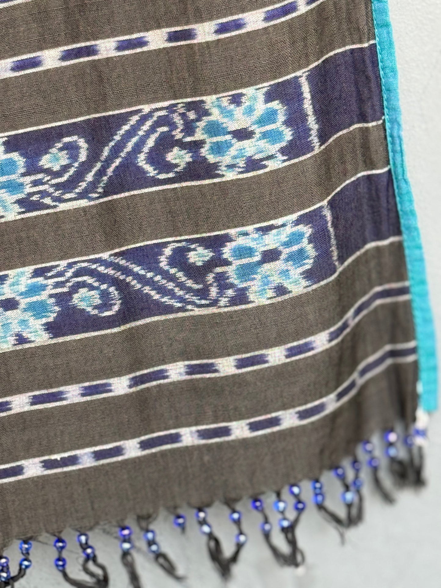 Black stripes cotton handloom ikat stole with teal blue borders