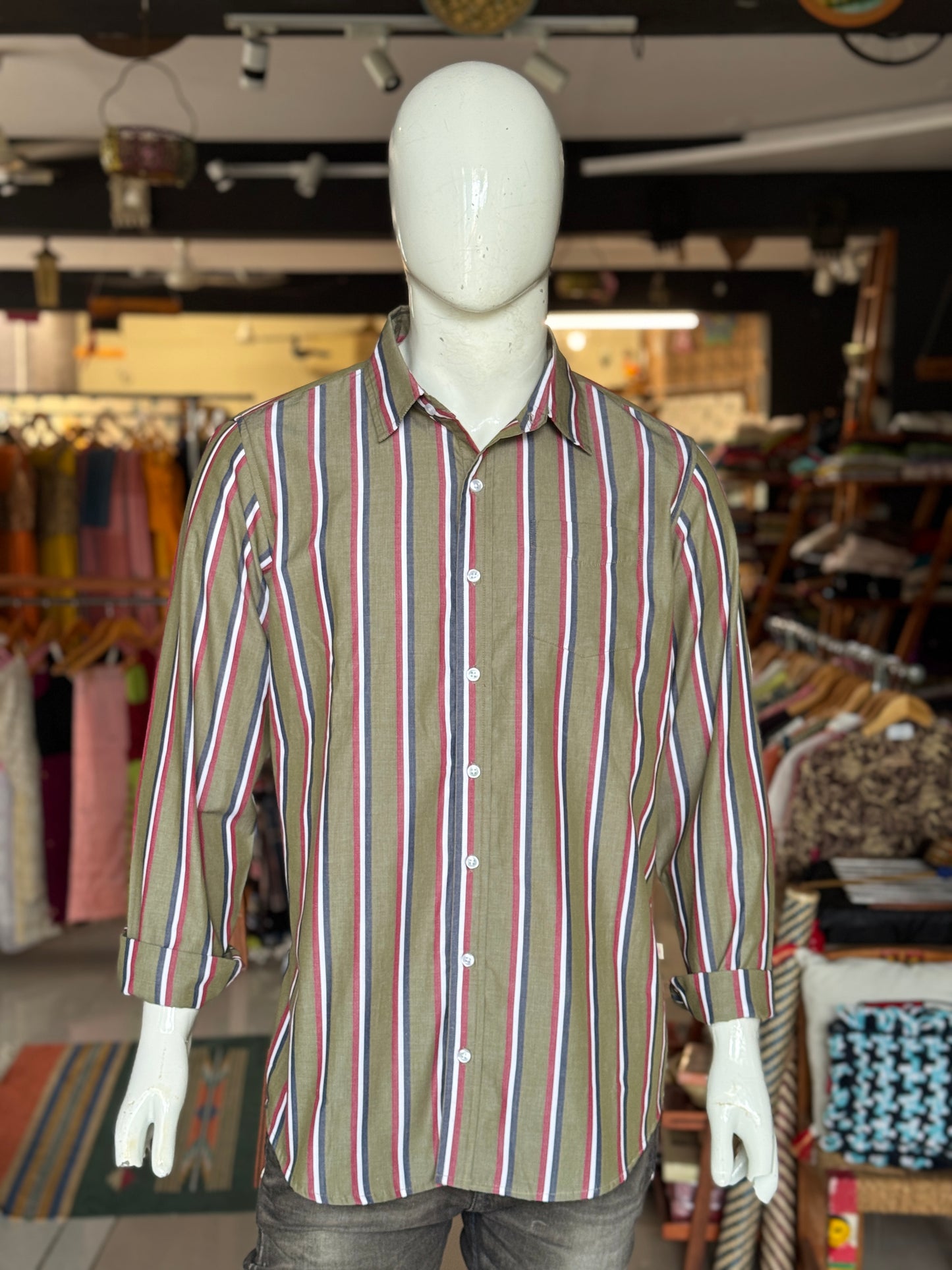 Olive green stripes cotton full sleeves shirt for men