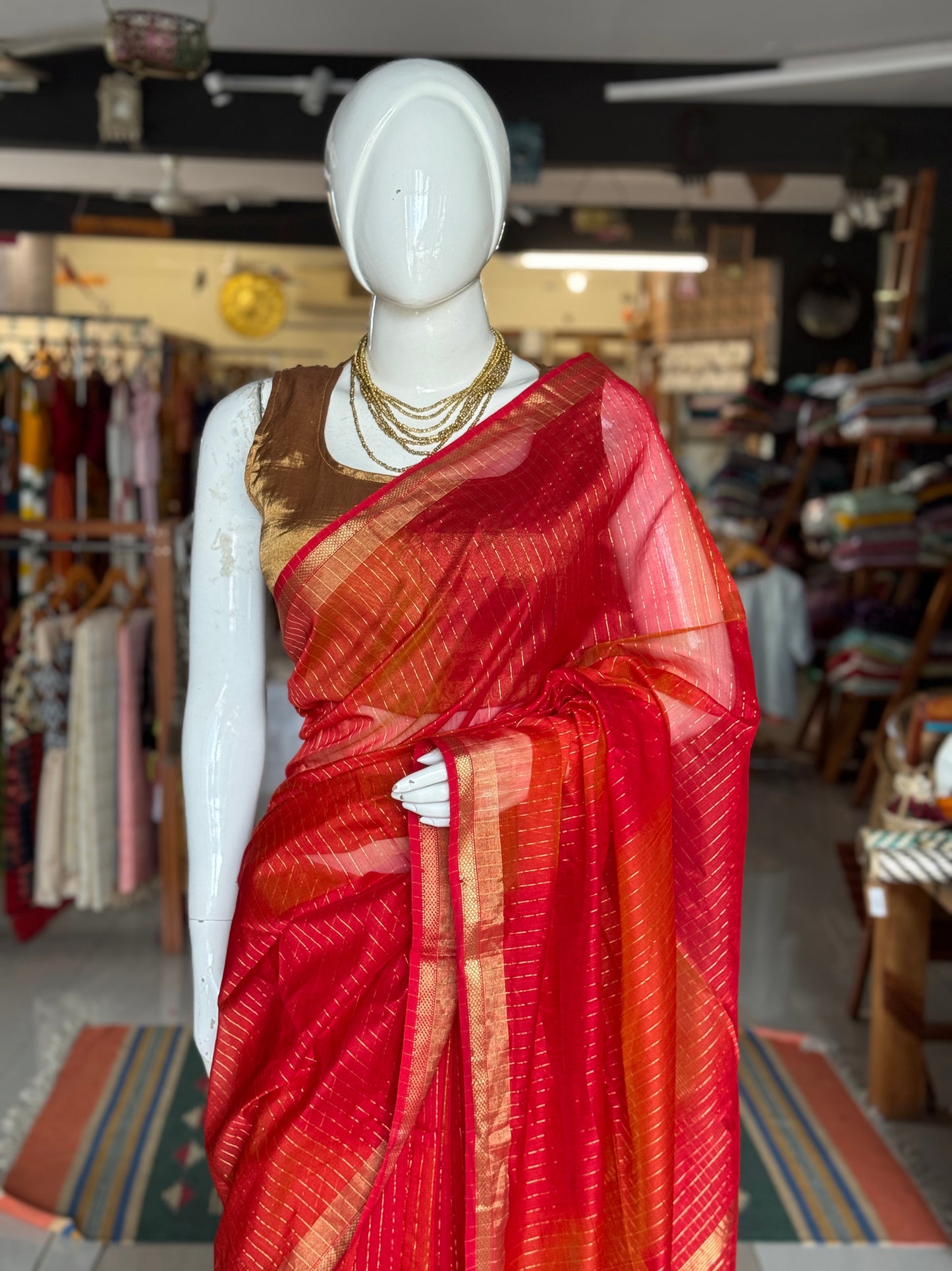 Red n orange all over stripes silk cotton Maheshwari handloom saree