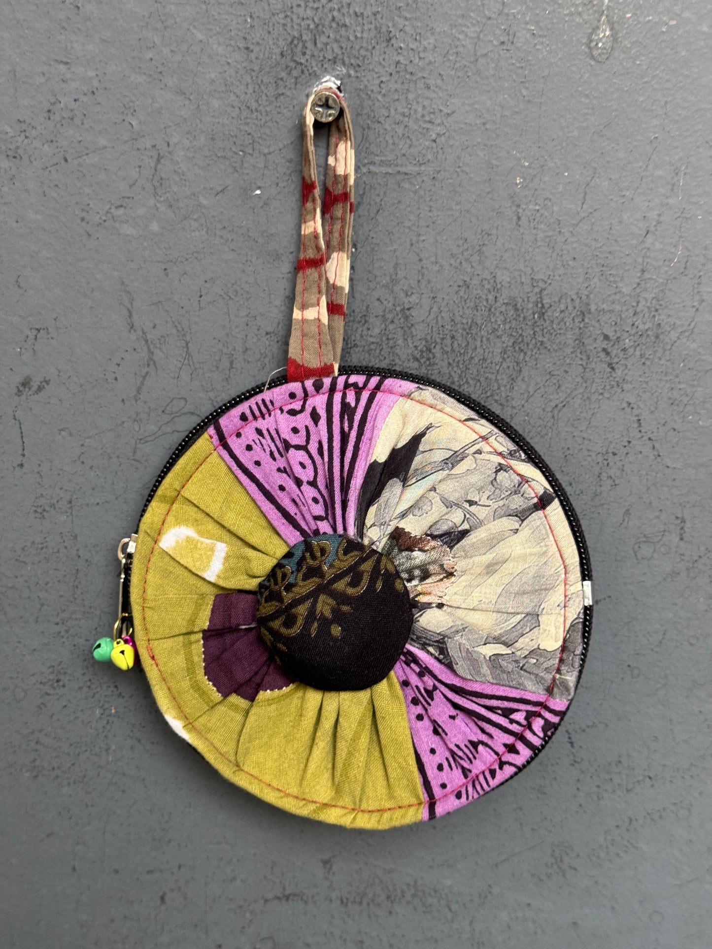 Upcycled handwoven fabric patch work round gifting / coin pouch with zipper closure