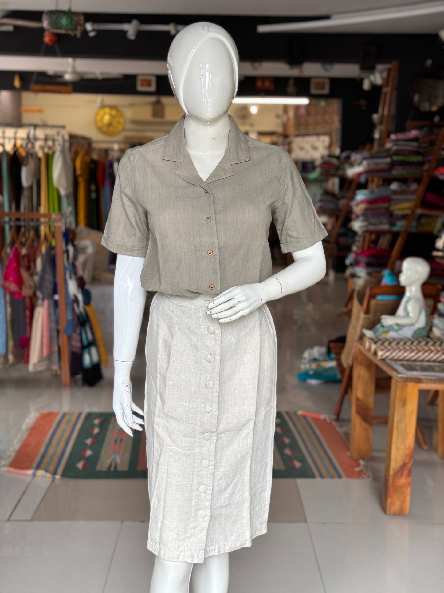 Dull grey soft handwoven cotton collared shirt for women