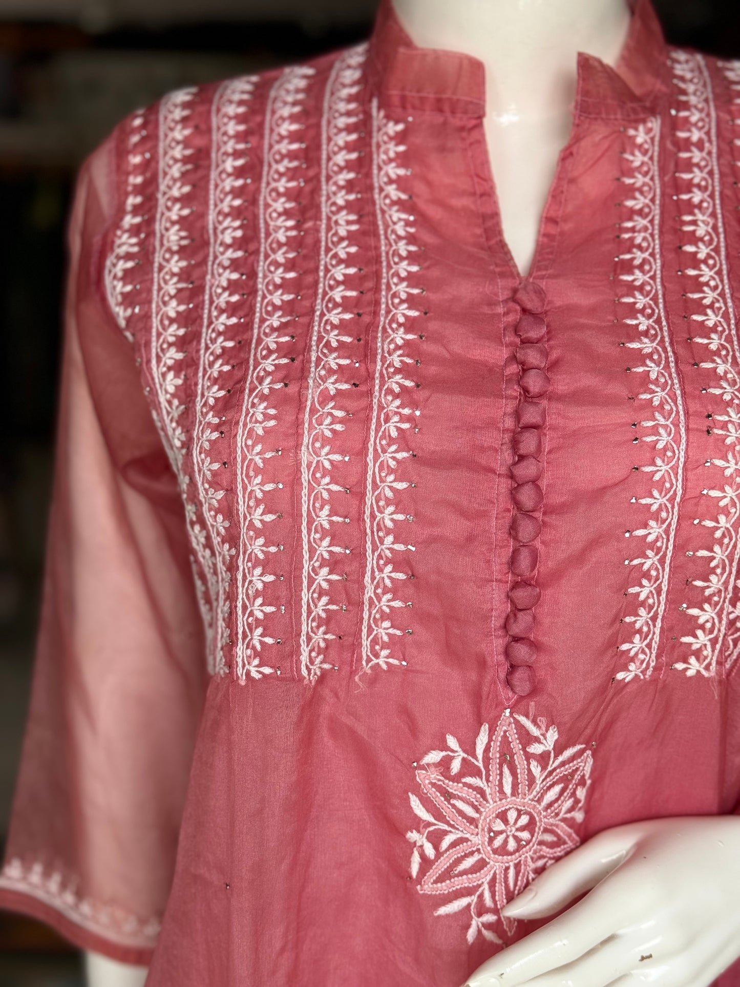 Pink chikankari hand embroidered organza kurta / dress