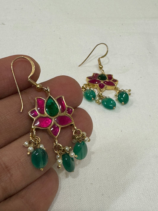 Lotus ear hooks in Pink and green stones with green stones and pearl drops - gold plated 92.5 sterling silver ear rings