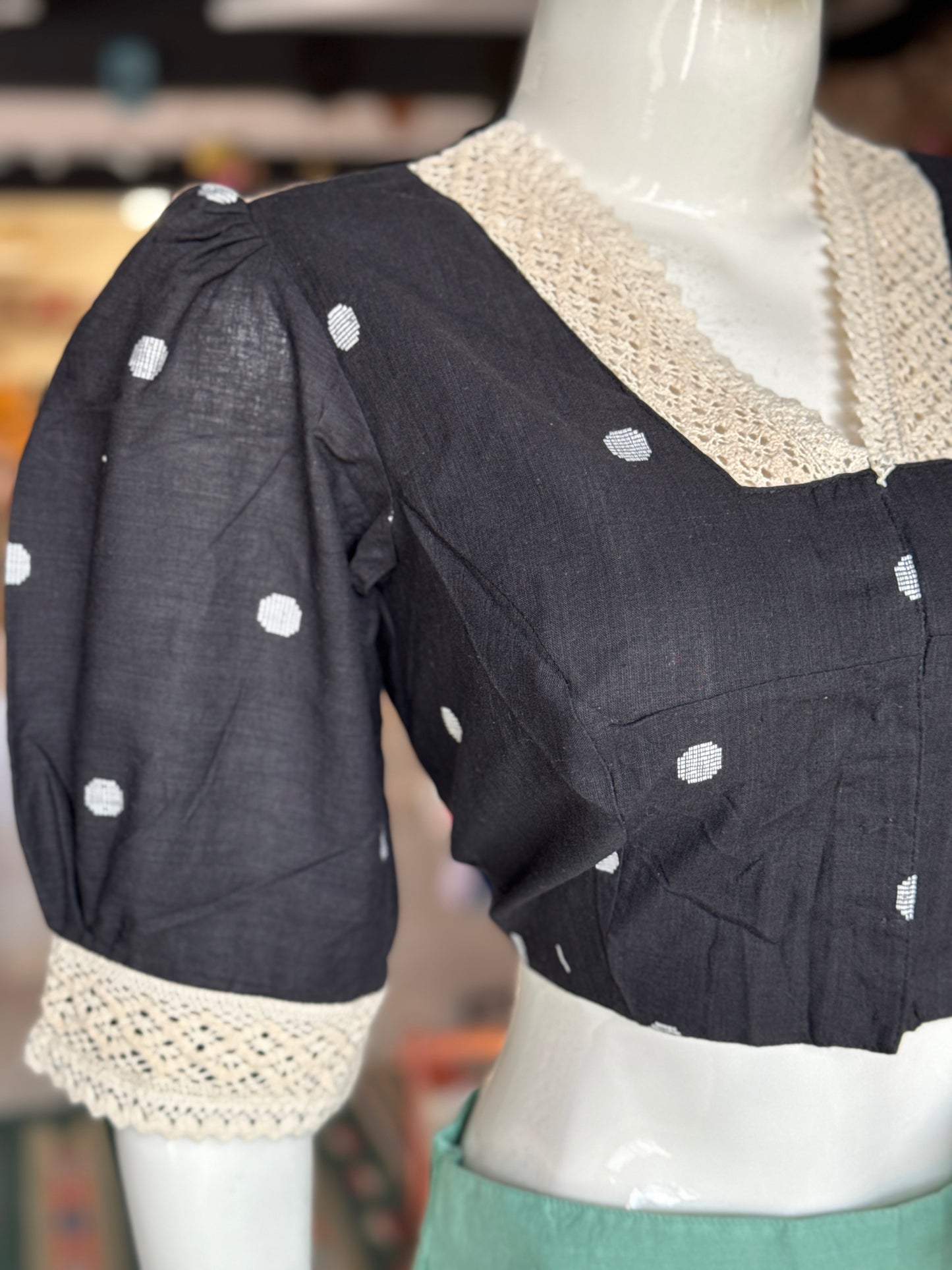 Puff sleeves cotton blouse with lace trims - color options available