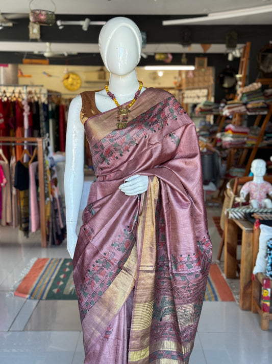 Mauve tone tussar silk hand woven, Warli hand painted saree