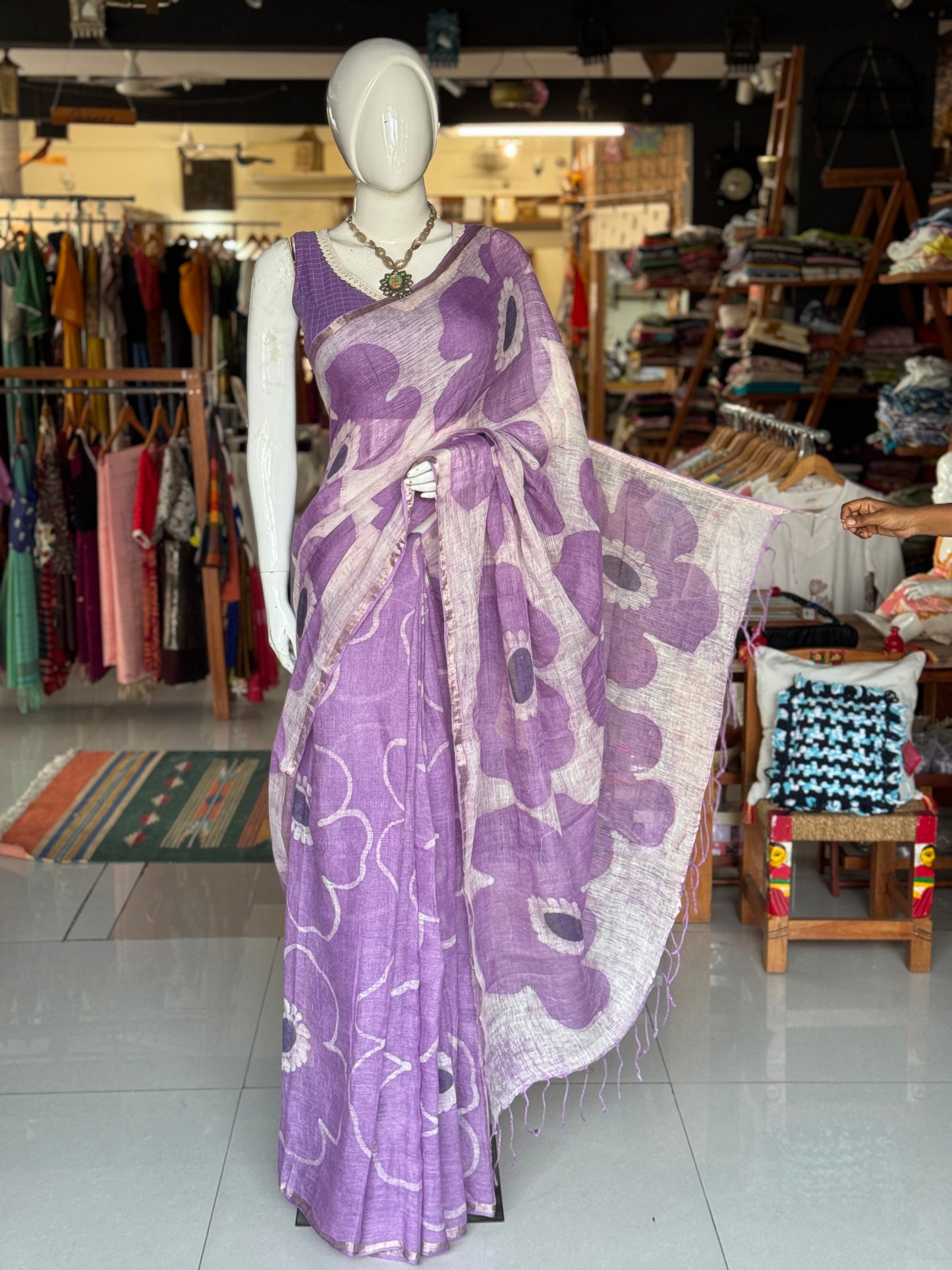 Lavender flowers hand painted linen saree