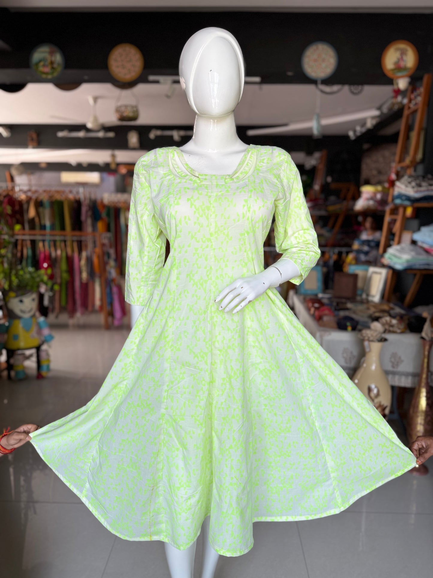 Green geometric hand block printed cotton dress with neck detailing