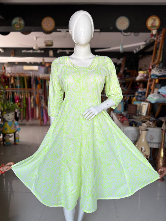 Green geometric hand block printed cotton dress with neck detailing