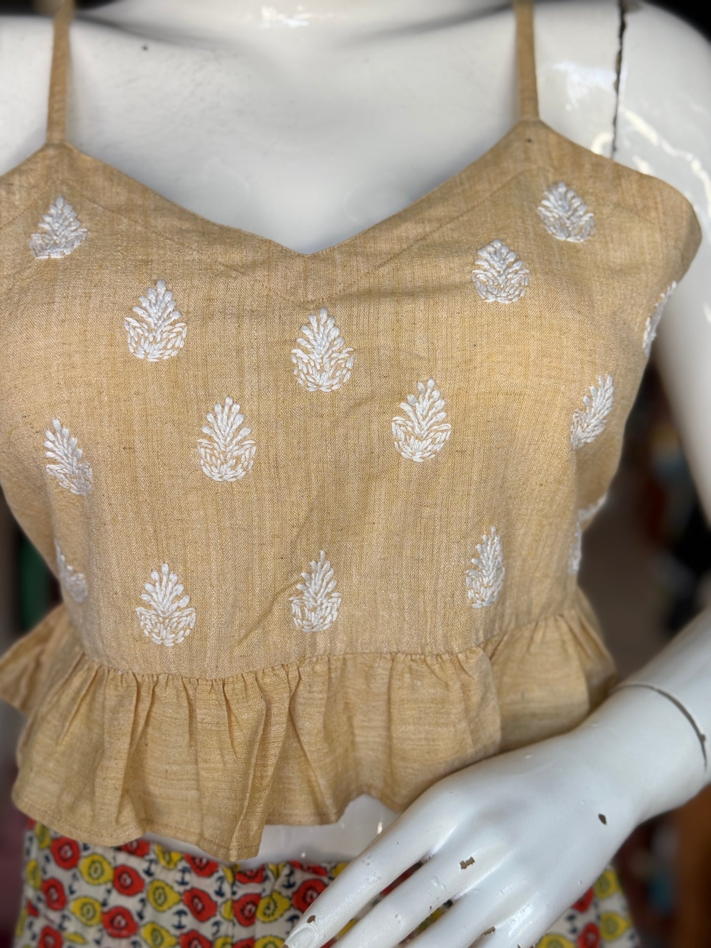 Frilled hem Crop top / blouse with thin straps - Chikankari hand embroidered handwoven cotton crop top / blouse