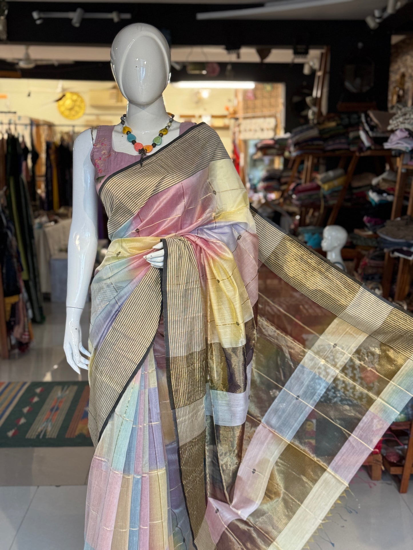 Multi color star buti stripes silk cotton Maheshwari handloom saree